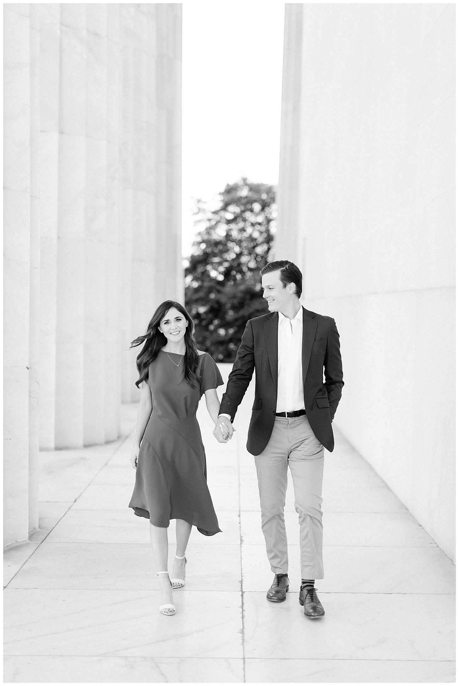  Portraits at Lincoln Memorial, Sarah Bradshaw Photography, Preppy Morning Engagement Session with Golden Light and Golden Retriever