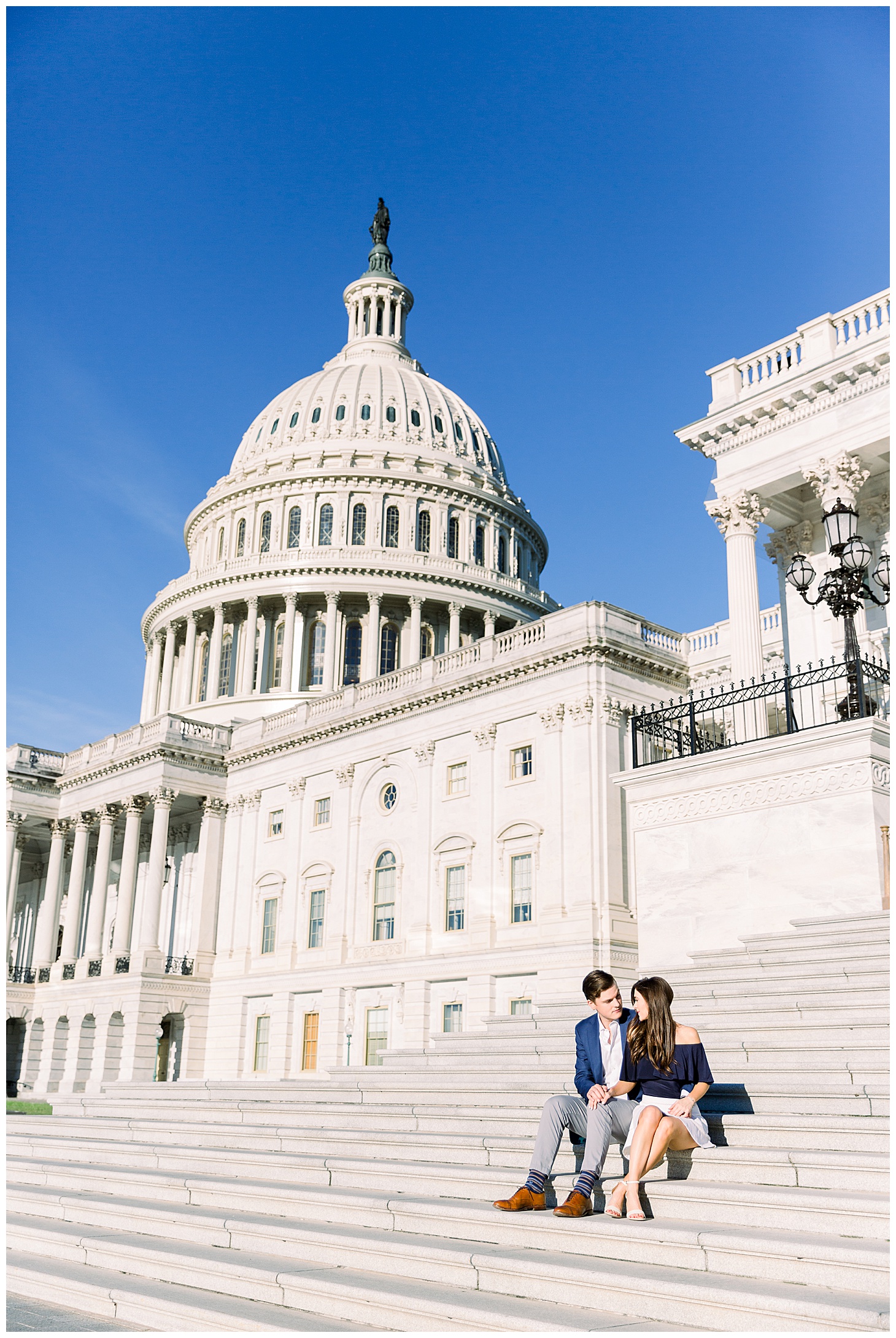 Preppy Morning Engagement Session at DC Capitol by Sarah Bradshaw Photography, Golden Light and Golden Retriever