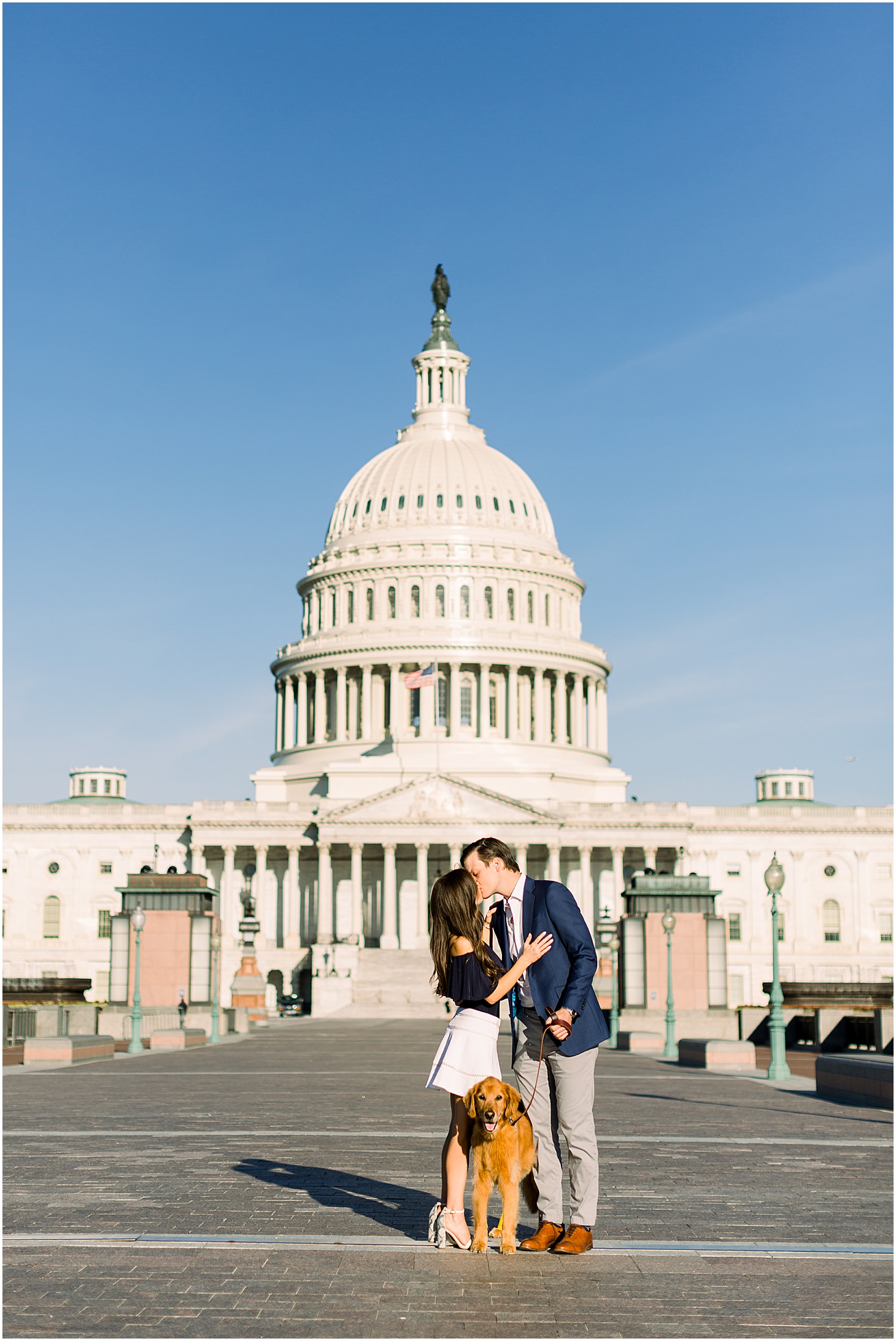 Sarah Bradshaw Photography, Preppy Morning Engagement Portraits with Golden Light and Golden Retriever