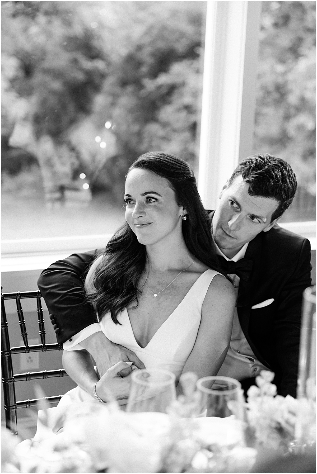 The couple at dinner. Joyful summer wedding at the Inn at Willow Grove by Sarah Bradshaw. Planning by Kelley Cannon Events.