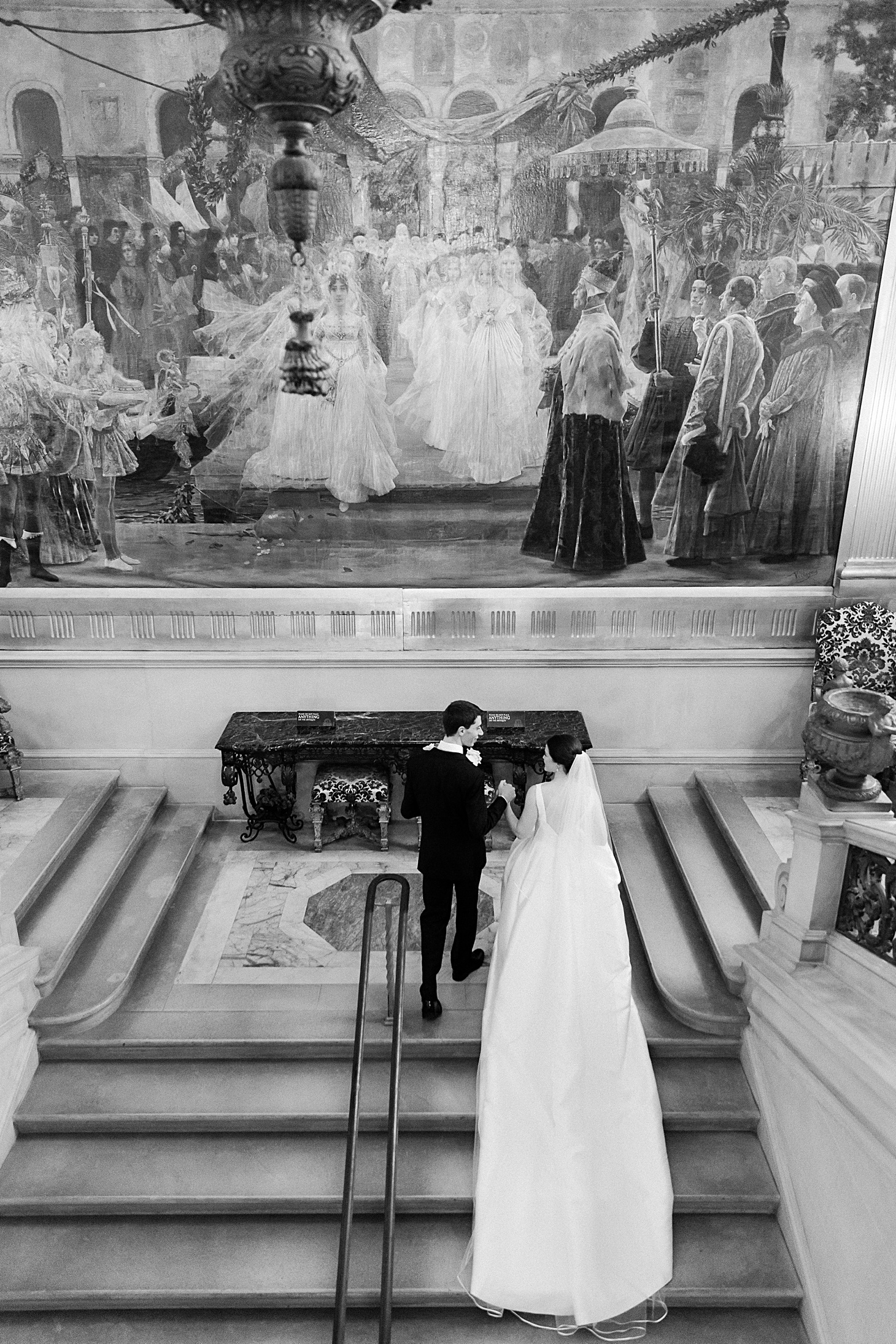 Black & white portrait on stairs at Anderson House Wedding by Sarah Bradshaw