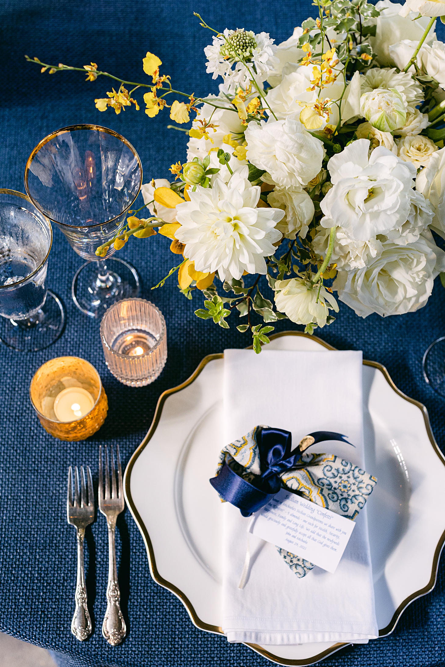 Blue white and yellow table design  at The Farm at Old Edwards Inn wedding by Sarah Bradshaw Photography