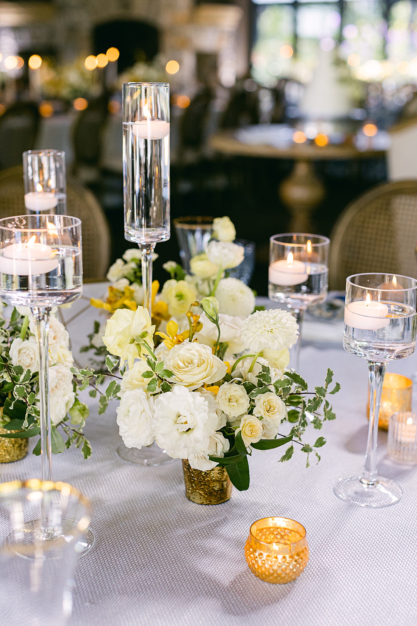 Yellow & White centerpiece by Kate Asire at The Farm at Old Edwards Inn wedding by Sarah Bradshaw Photography