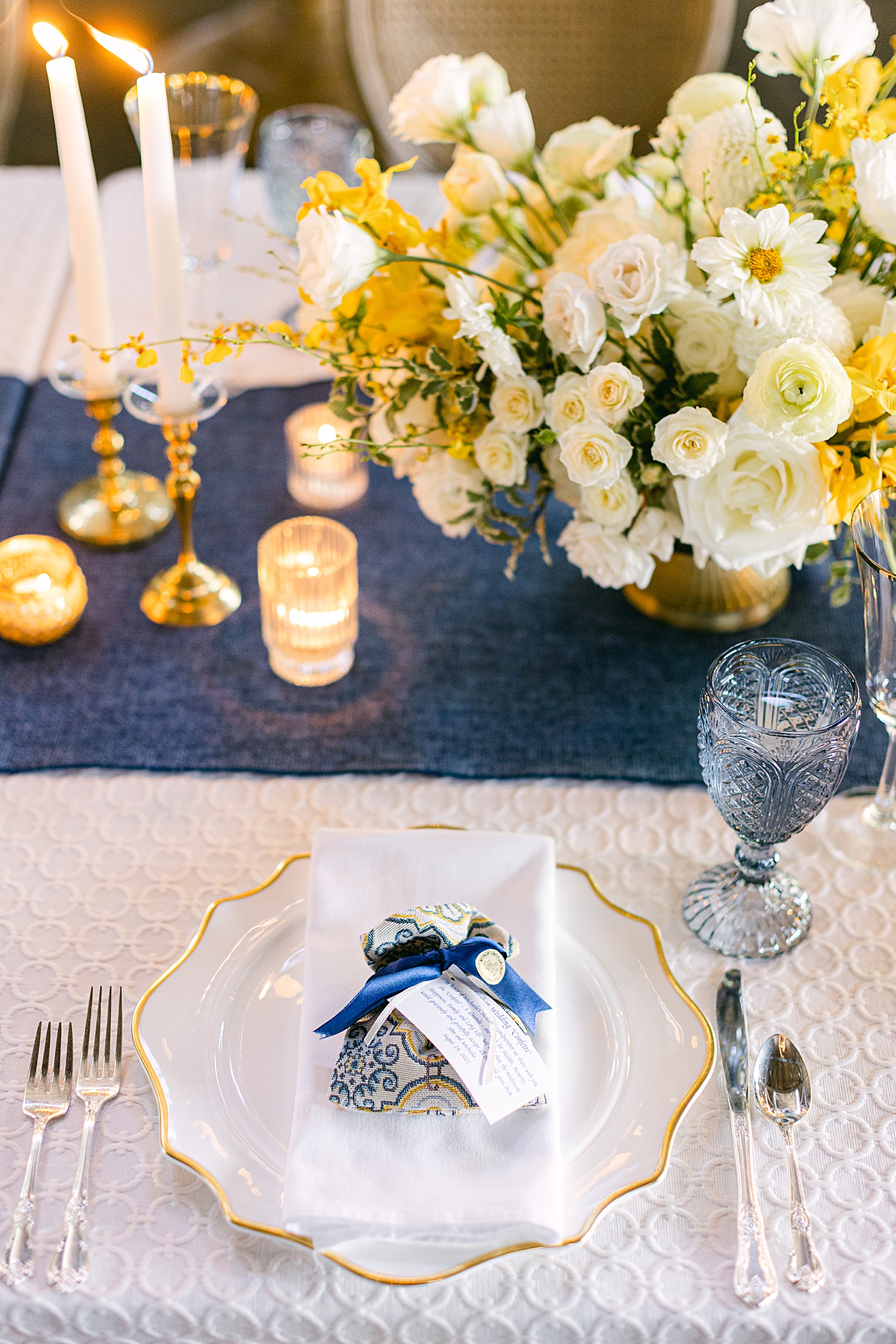 Blue white and yellow reception design  at The Farm at Old Edwards Inn wedding by Sarah Bradshaw Photography