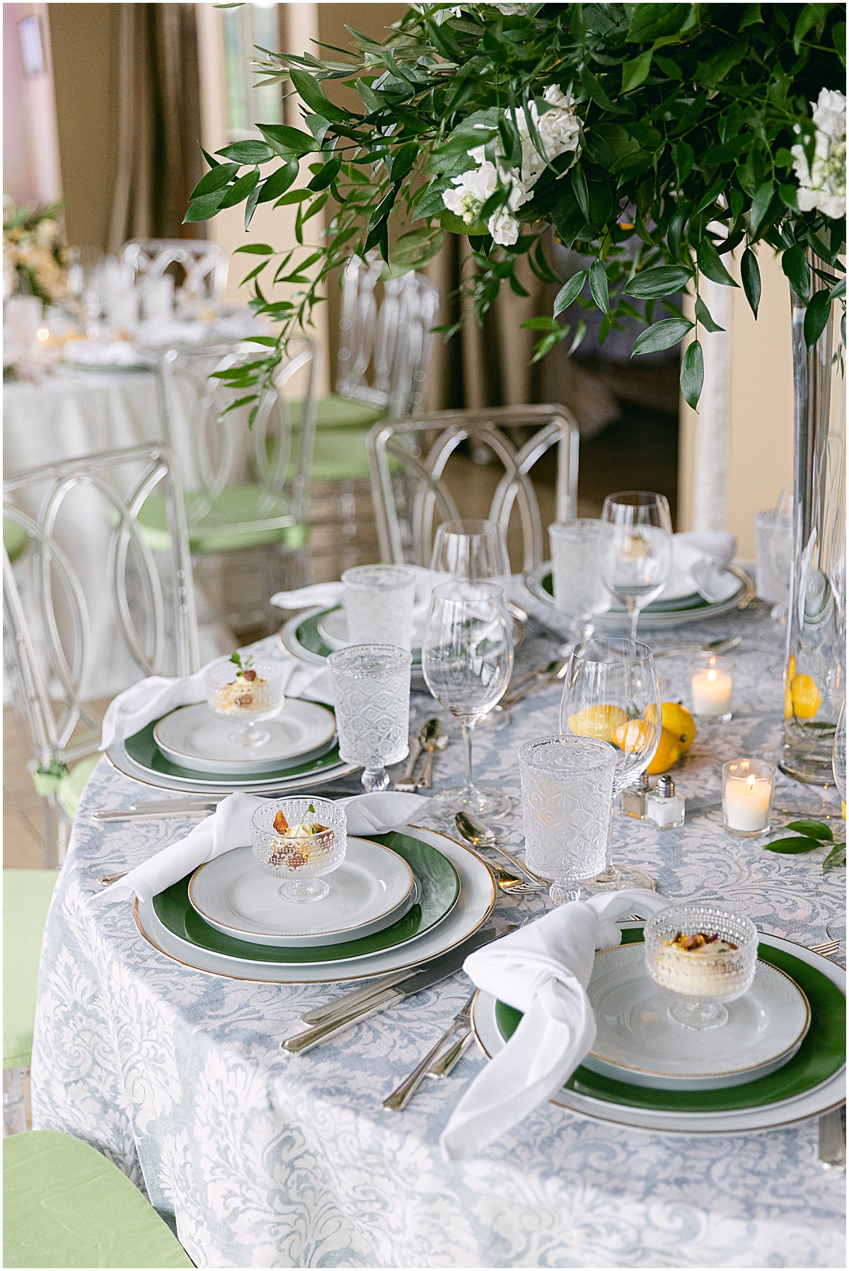 Green and yellow reception at lemon-themed wedding at Congressional Country Club by Sarah Bradshaw