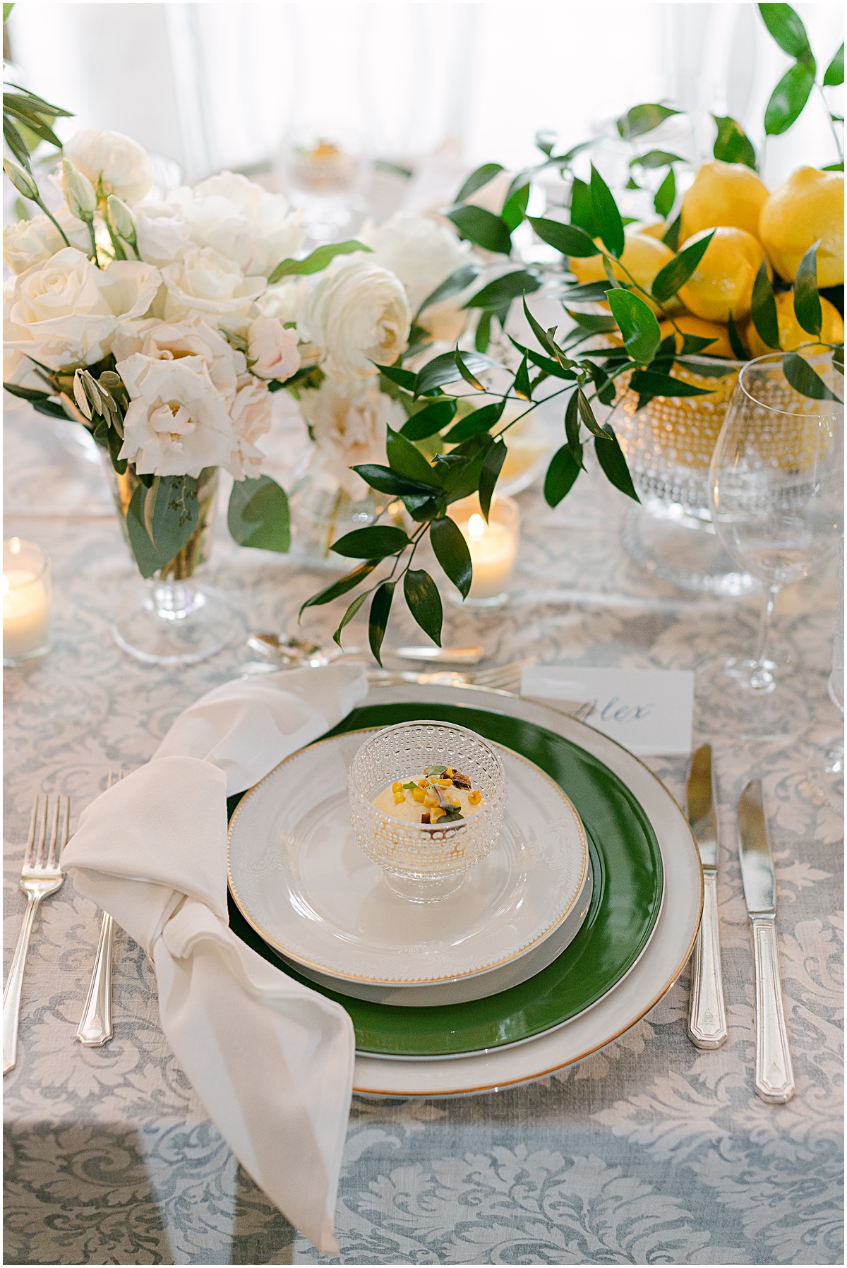 Reception place setting at Lemon-themed wedding at Congressional Country Club by Sarah Bradshaw