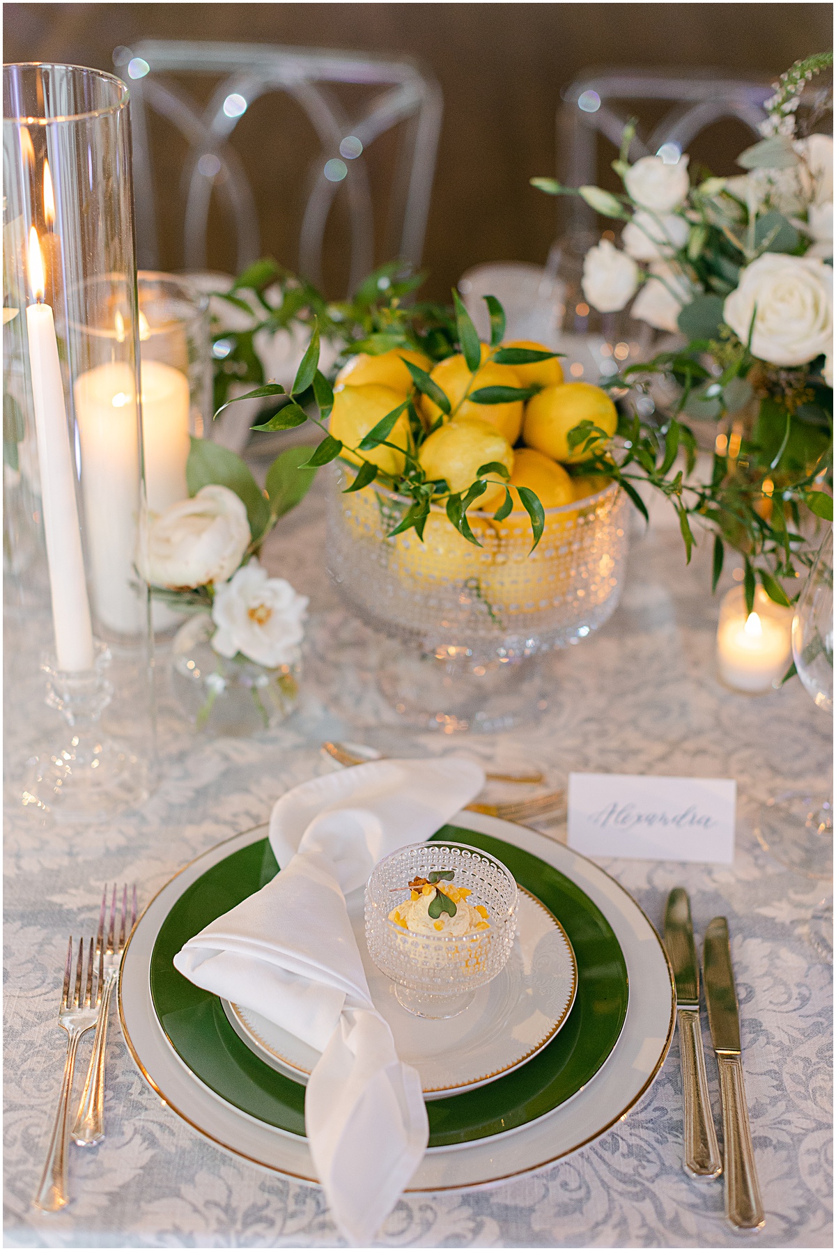 Reception place setting at lemon-themed wedding at Congressional Country Club by Sarah Bradshaw