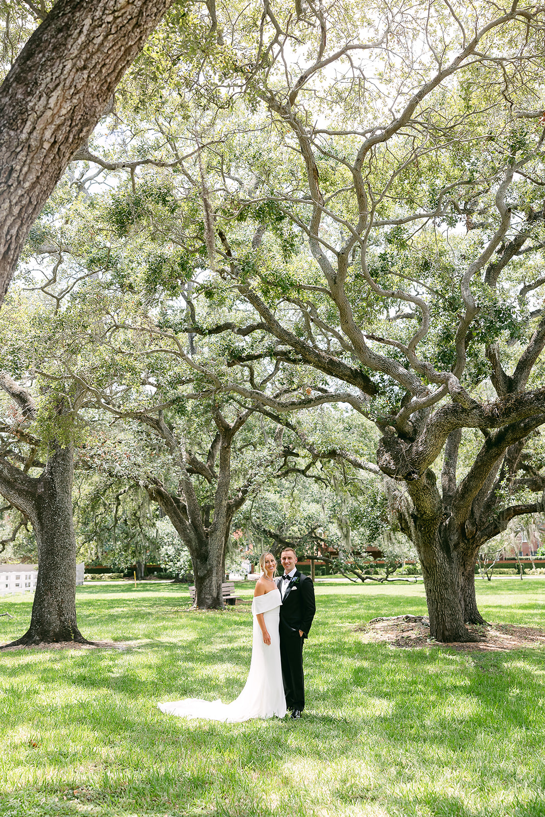 Traditional wedding day portrait, bride and groom in grove of trees. high end elopement wedding in tampa florida. sarah bradshaw photography.