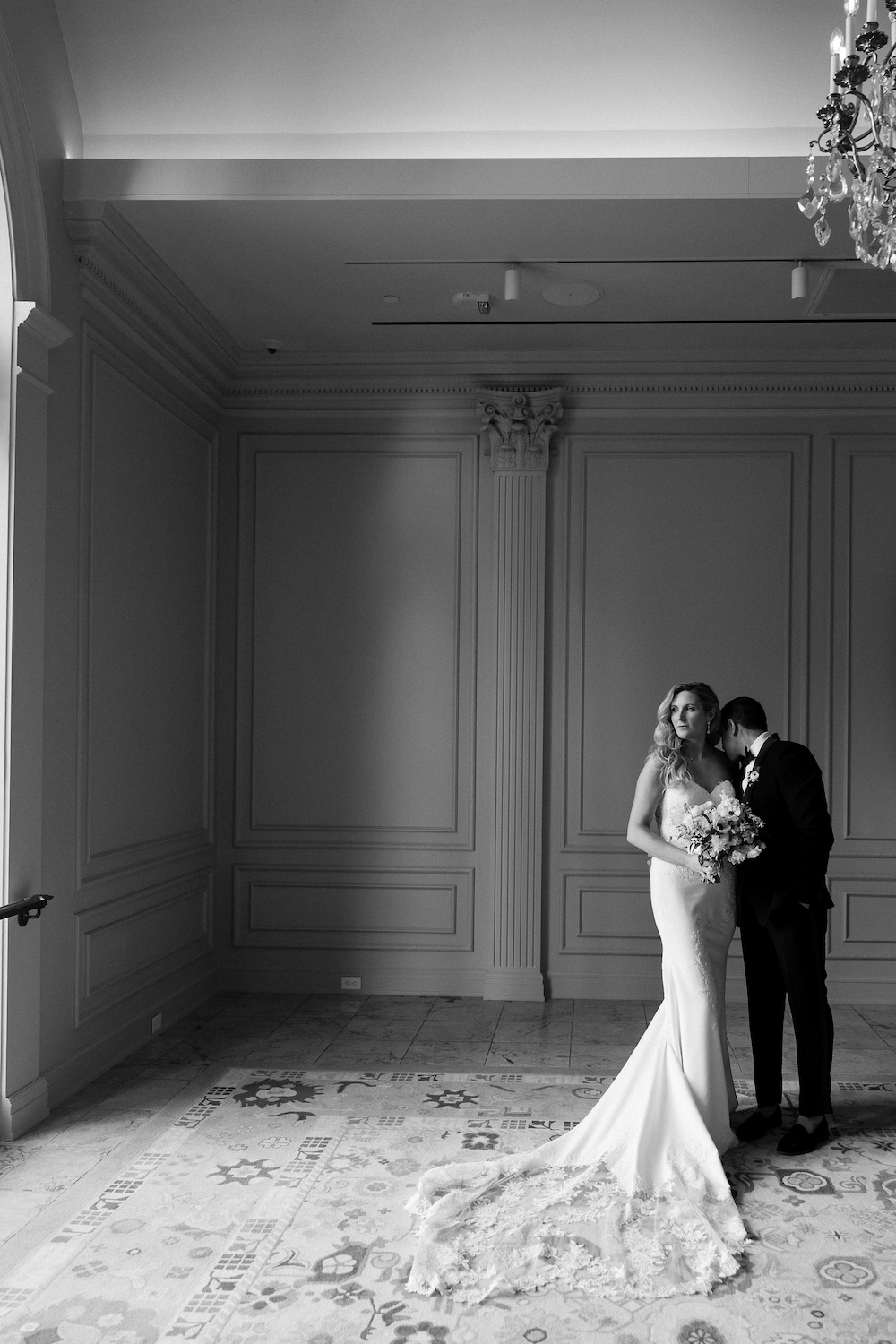 Black and white portrait of bride and groom. Modern Washington DC wedding at National Museum of Women in the Arts. Sarah Bradshaw Photography.