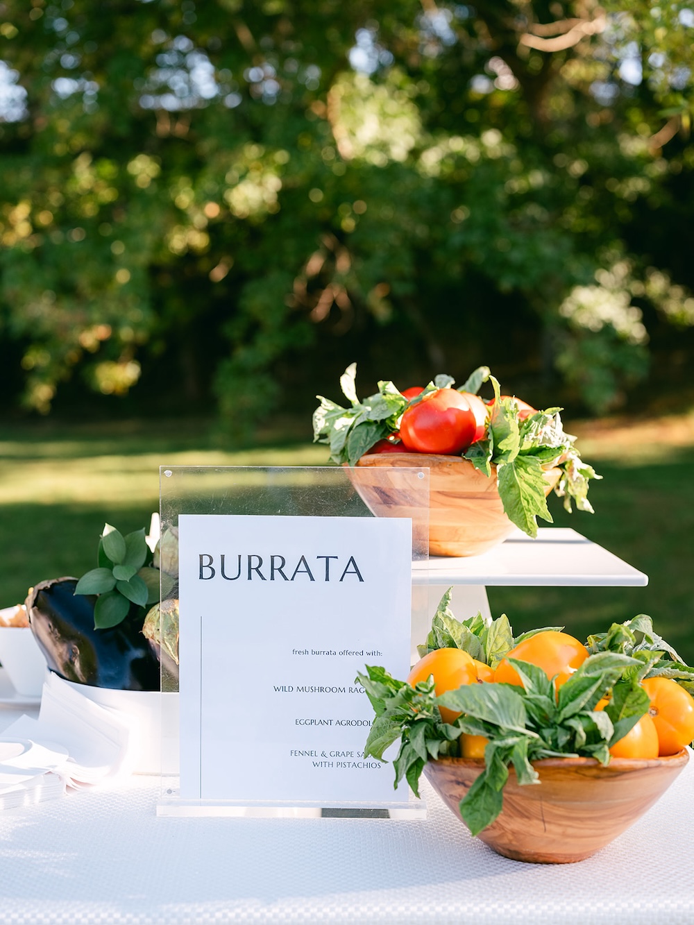 Burrata buffet, custom party signage. Milestone birthday party celebration weekend in Middleburg, Virginia. Sarah Bradshaw Photography.