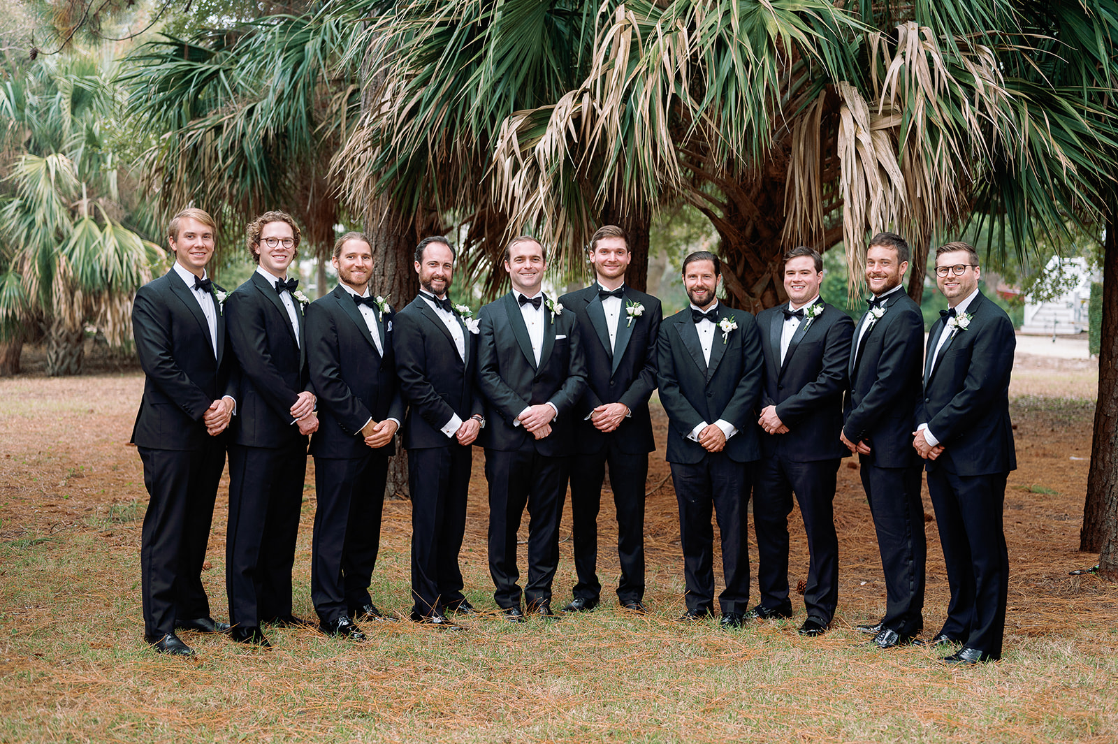 Traditional groom and groomsmen portrait, how to pose wedding party. Classic Black Tie wedding in Georgetown, SC. Sarah Bradshaw Photography