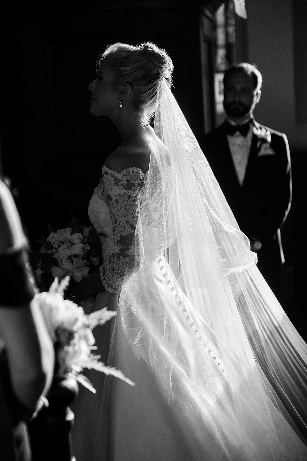 Dramatic black and white portrait of bride at alter. Classic Black Tie wedding in Georgetown, SC. Sarah Bradshaw Photography