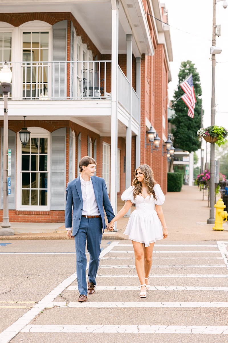 Southern chic wedding engagement photos, downtown Oxford Mississippi. Little white dress. Sarah Bradshaw Photography