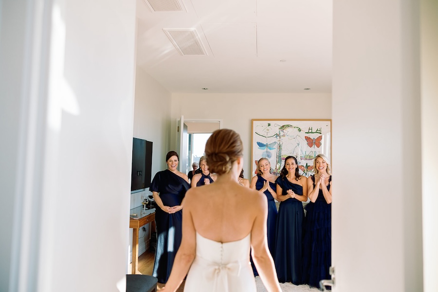 bridesmaids see bride in wedding dress. Timeless winter wedding, anderson house, washington dc, sarah bradshaw photography.