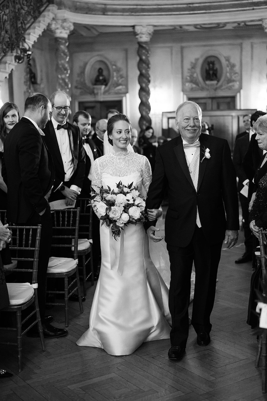 Bride and father walk down aisle. Timeless winter wedding, anderson house, washington dc, sarah bradshaw photography.