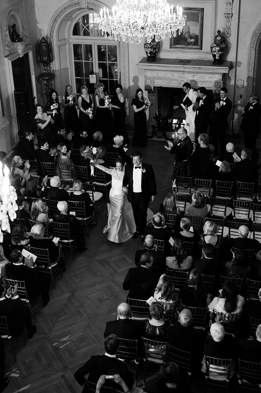 bird's eye view of bride and groom walking down aisle. Timeless winter wedding, anderson house, washington dc, sarah bradshaw photography.