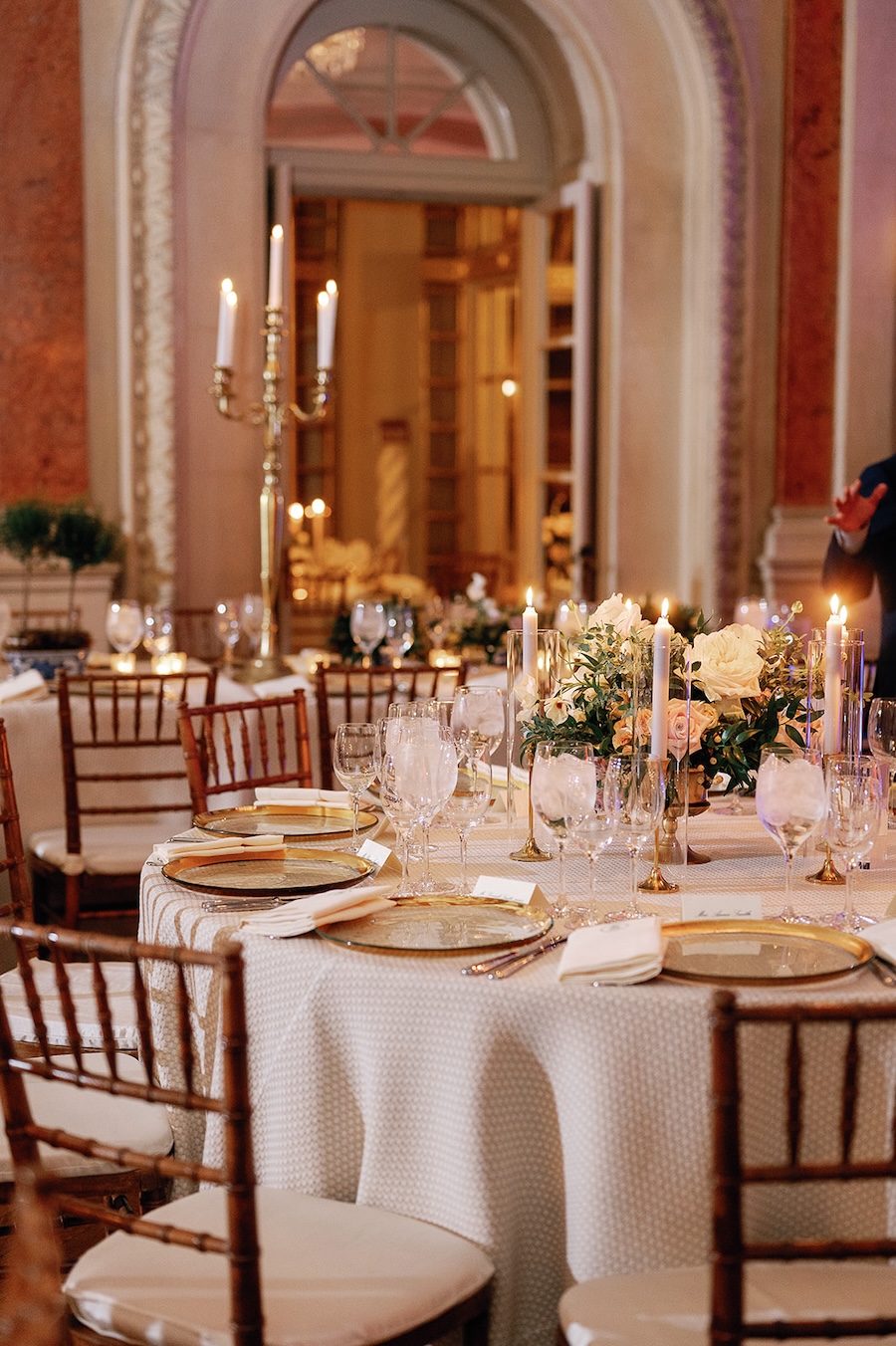 Elegant place setting, candles, lush low centerpiece. Timeless winter wedding, anderson house, washington dc, sarah bradshaw photography.