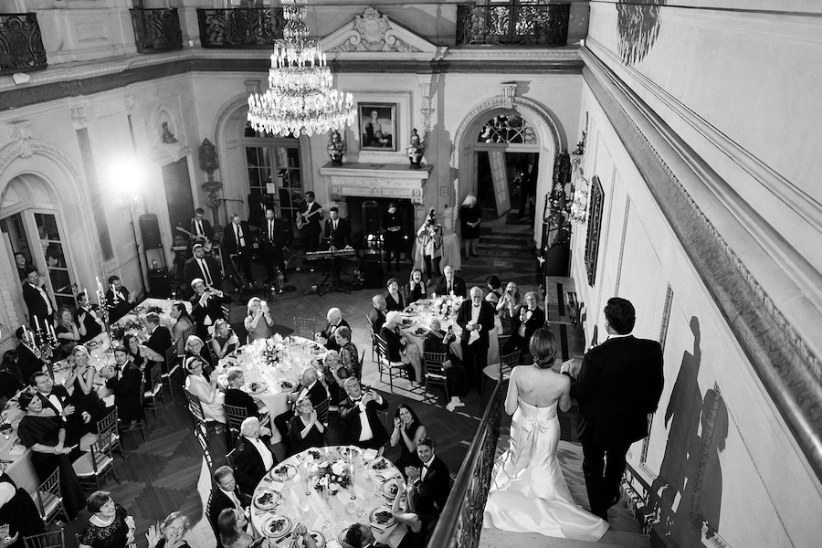 bride and groom enter wedding reception. Timeless winter wedding, anderson house, washington dc, sarah bradshaw photography.