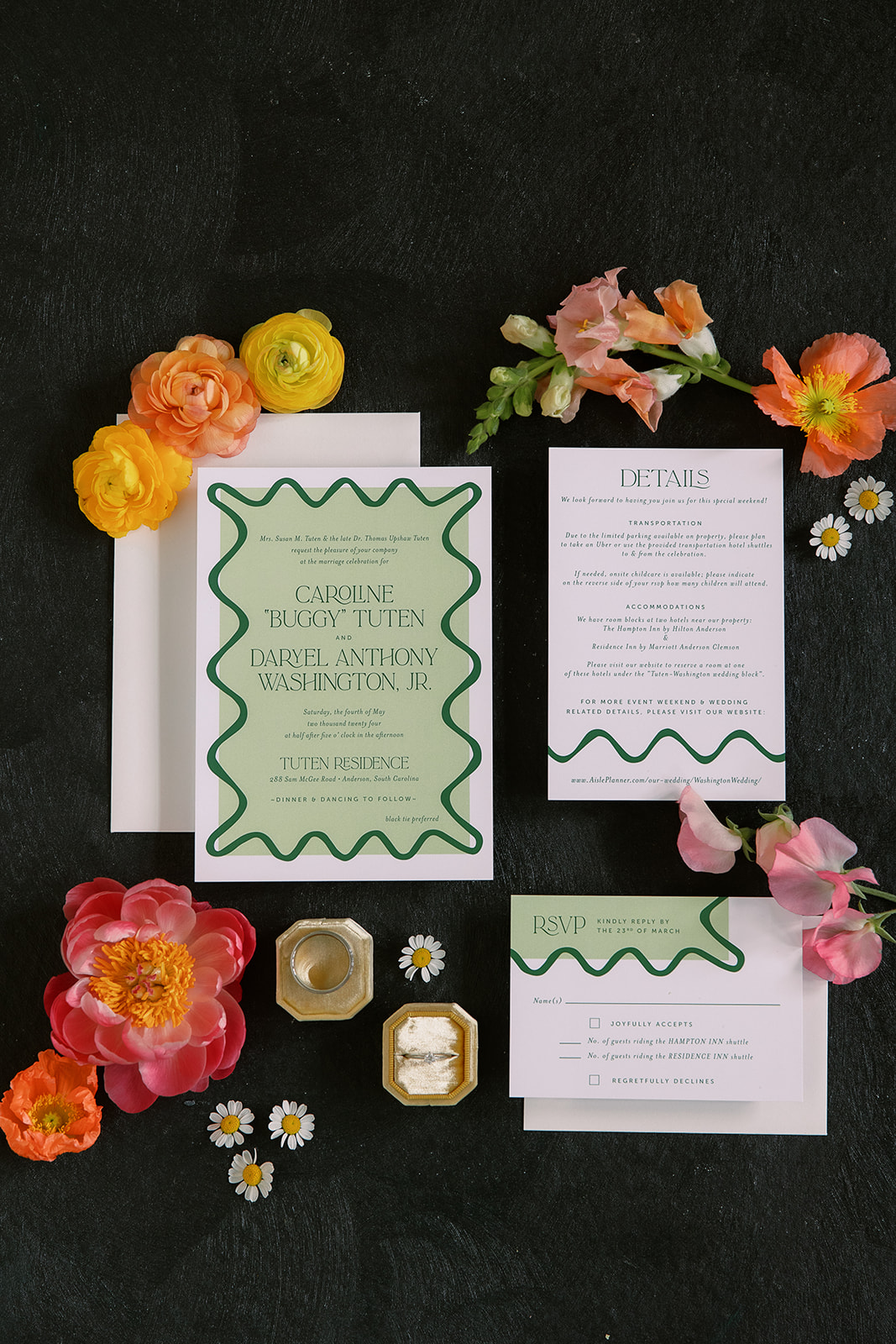 Playful, colorful wedding invitation suite. Spring wedding in South Carolina, private home, tented. Sarah Bradshaw Photography
