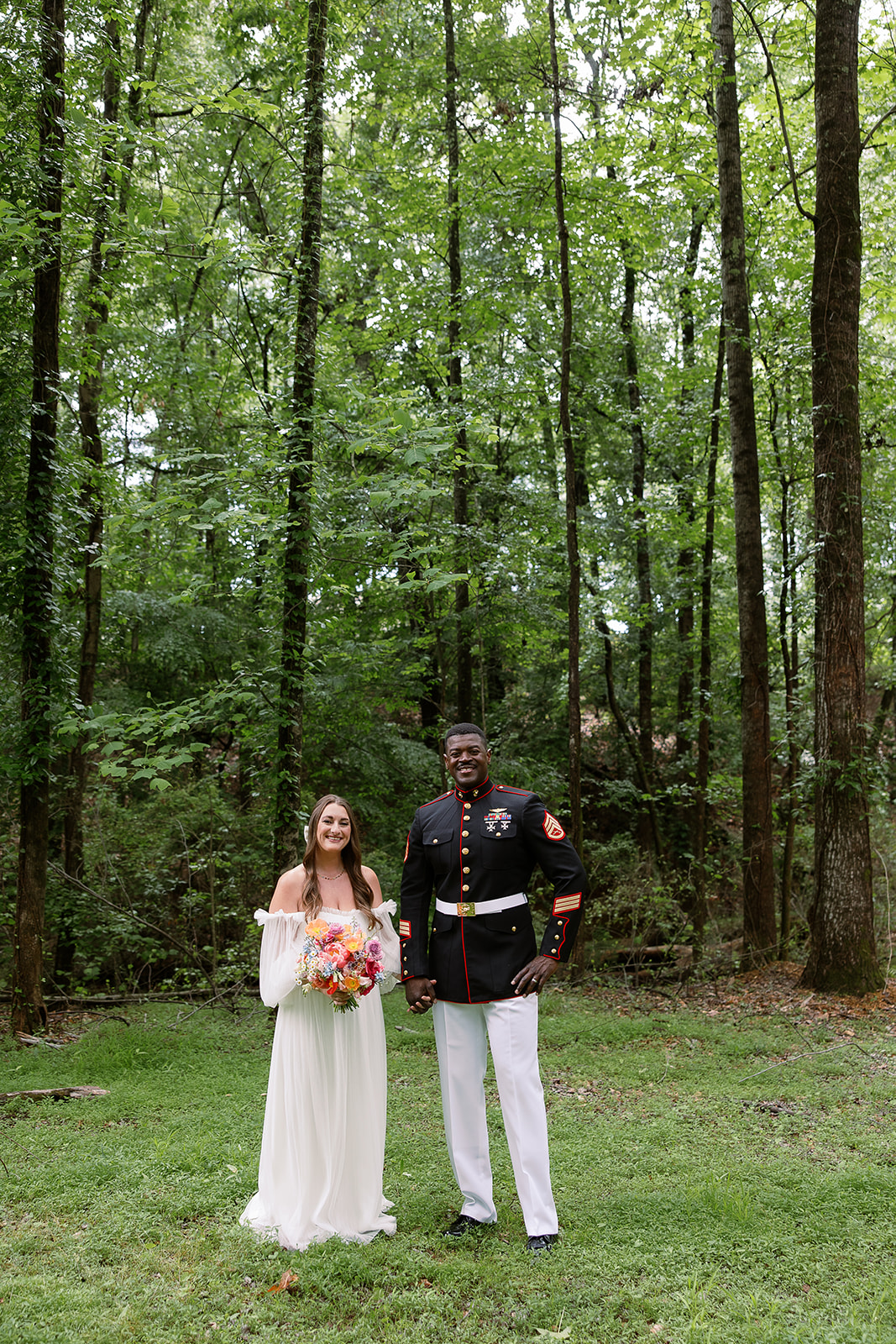 portrait of bride and groom in forest. private home wedding in south carolina. Sarah Bradshaw Photography