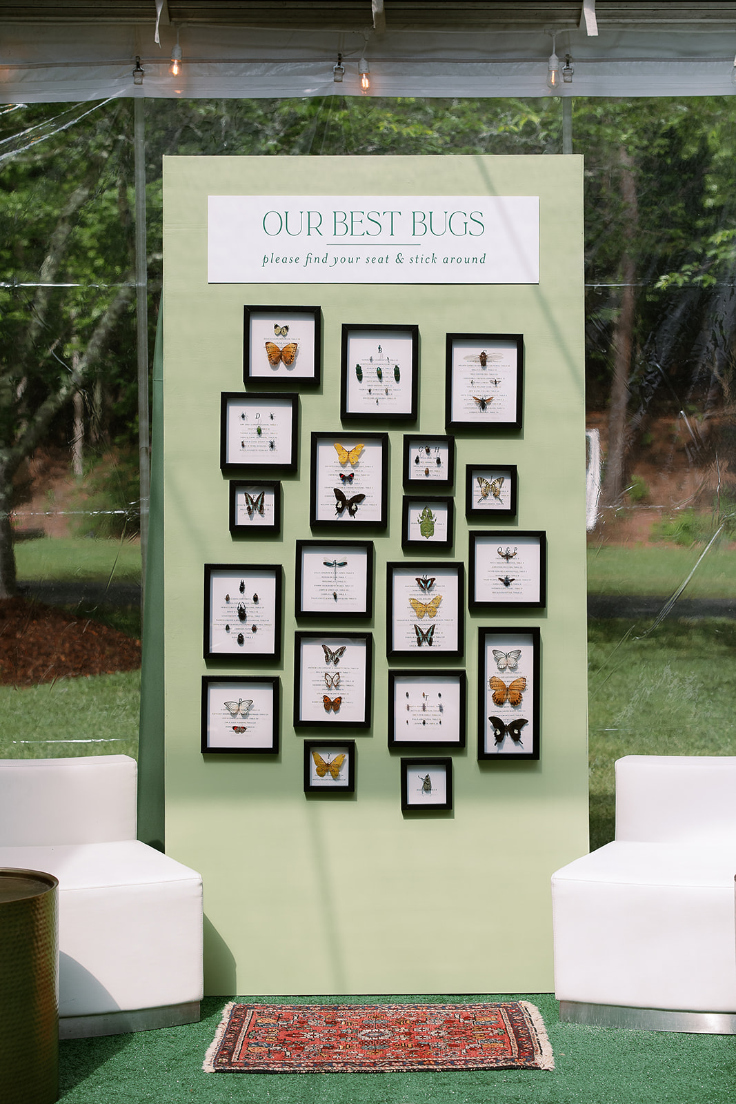 Unique seating chart display with insect theme. Spring, private home tented wedding in south carolina. Sarah Bradshaw Photography