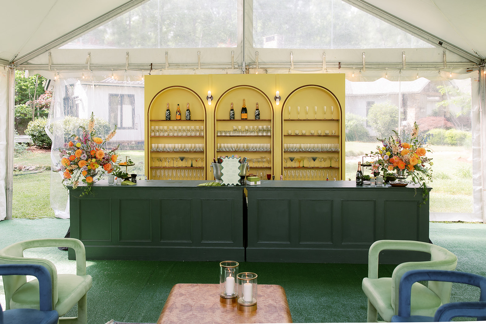 Green and yellow champagne bar. Spring, private home tented wedding in south carolina. Sarah Bradshaw Photography