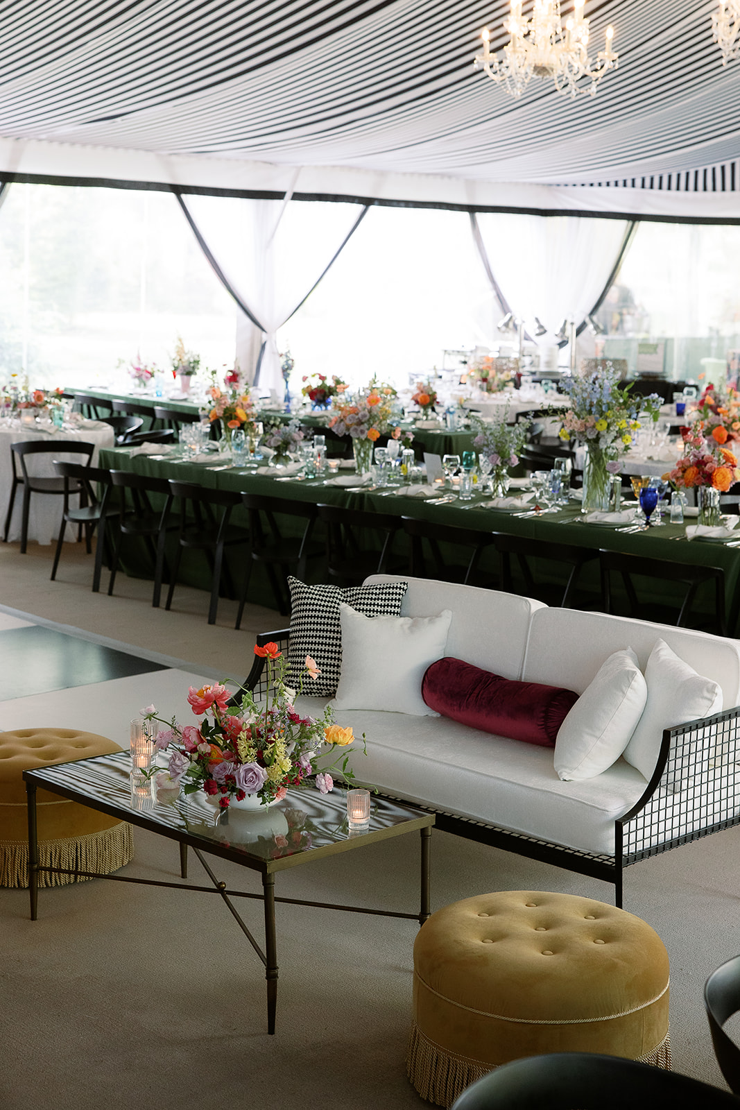 colorful wedding design. seating lounge. bold florals. Spring, private home tented wedding in south carolina. Sarah Bradshaw Photography