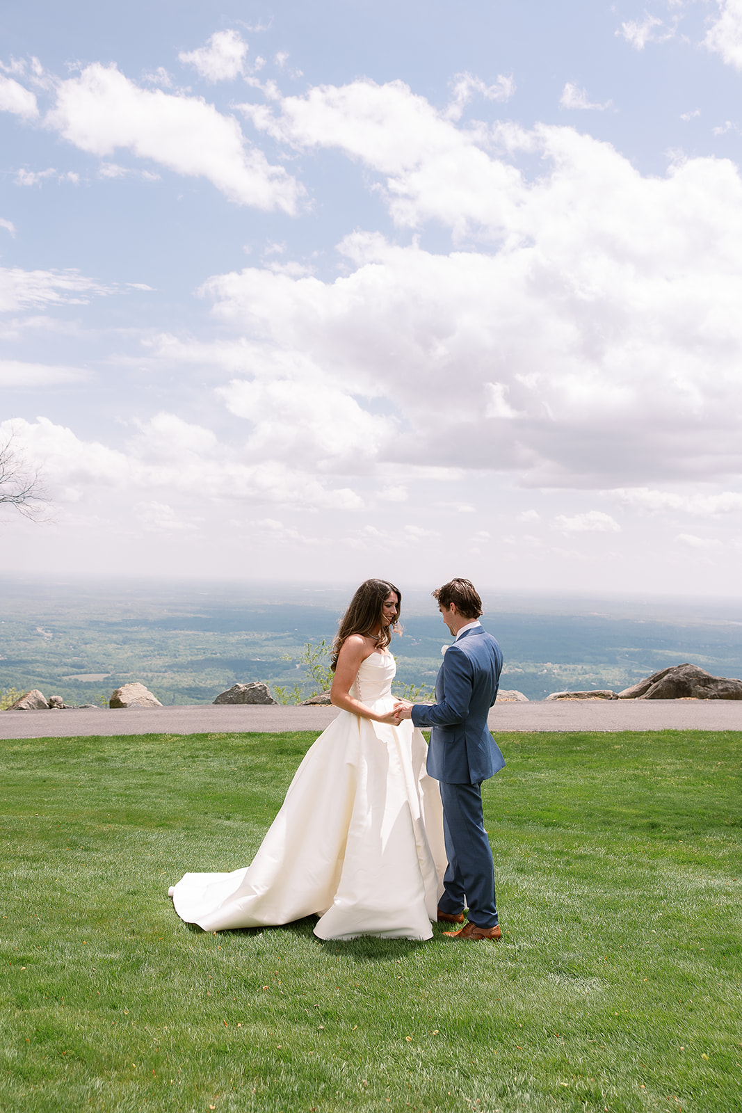 bride and groom first look wedding reveal on mountaintop. elegant spring wedding, south carolina. sarah bradshaw photography