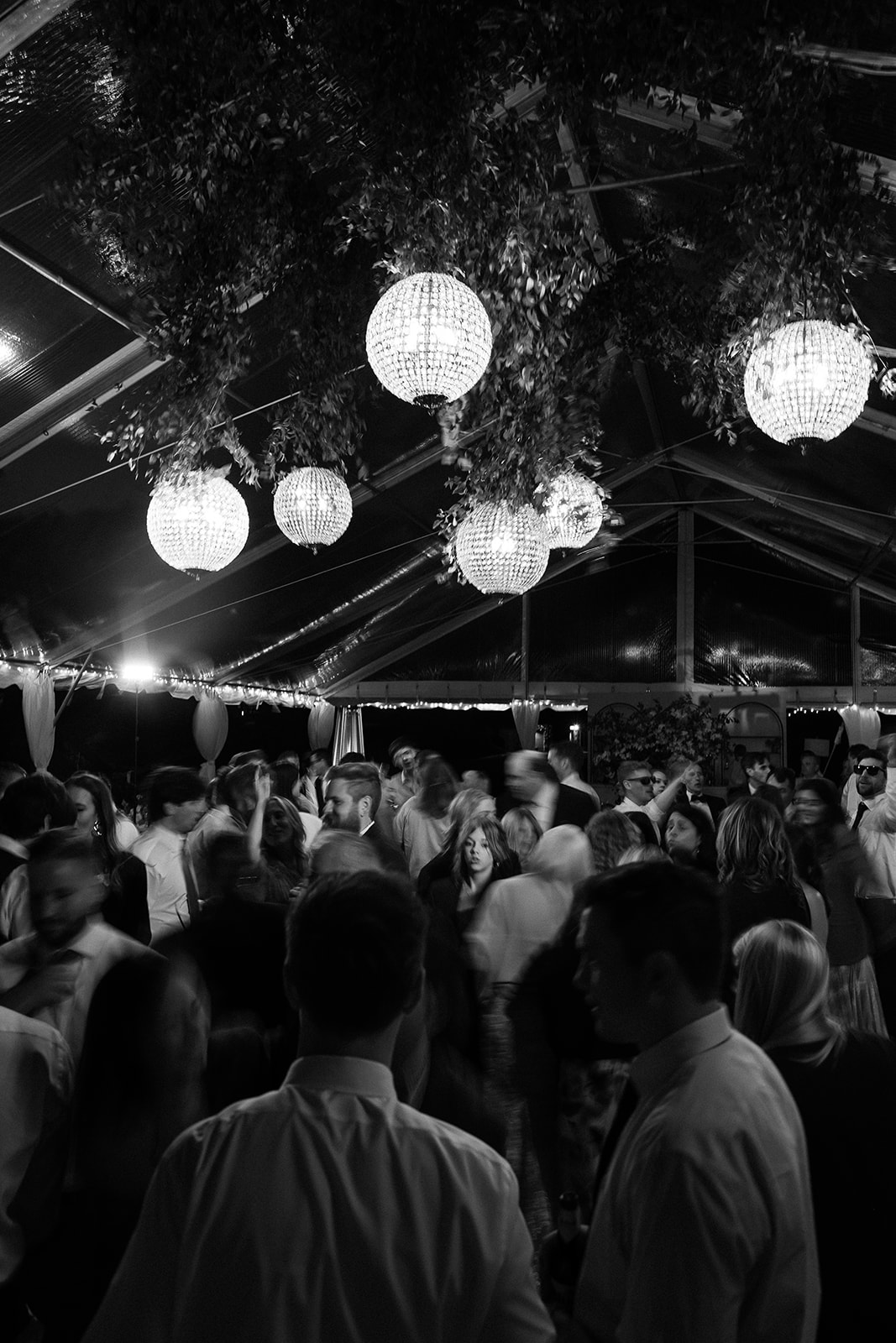 motion blur dancing wedding reception. hanging crystal ball chandeliers. elegant south carolina spring wedding. sarah bradshaw photography