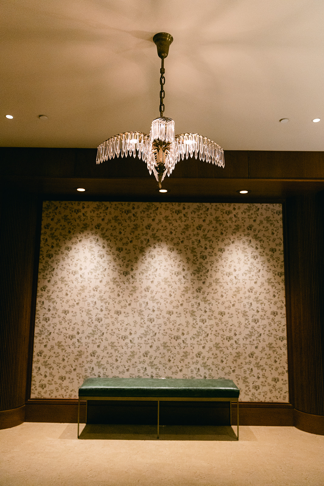 Elegant, chic crystal chandelier in hotel lobby. The Dewberry Hotel, Charleston South Carolina. Sarah Bradshaw Photography