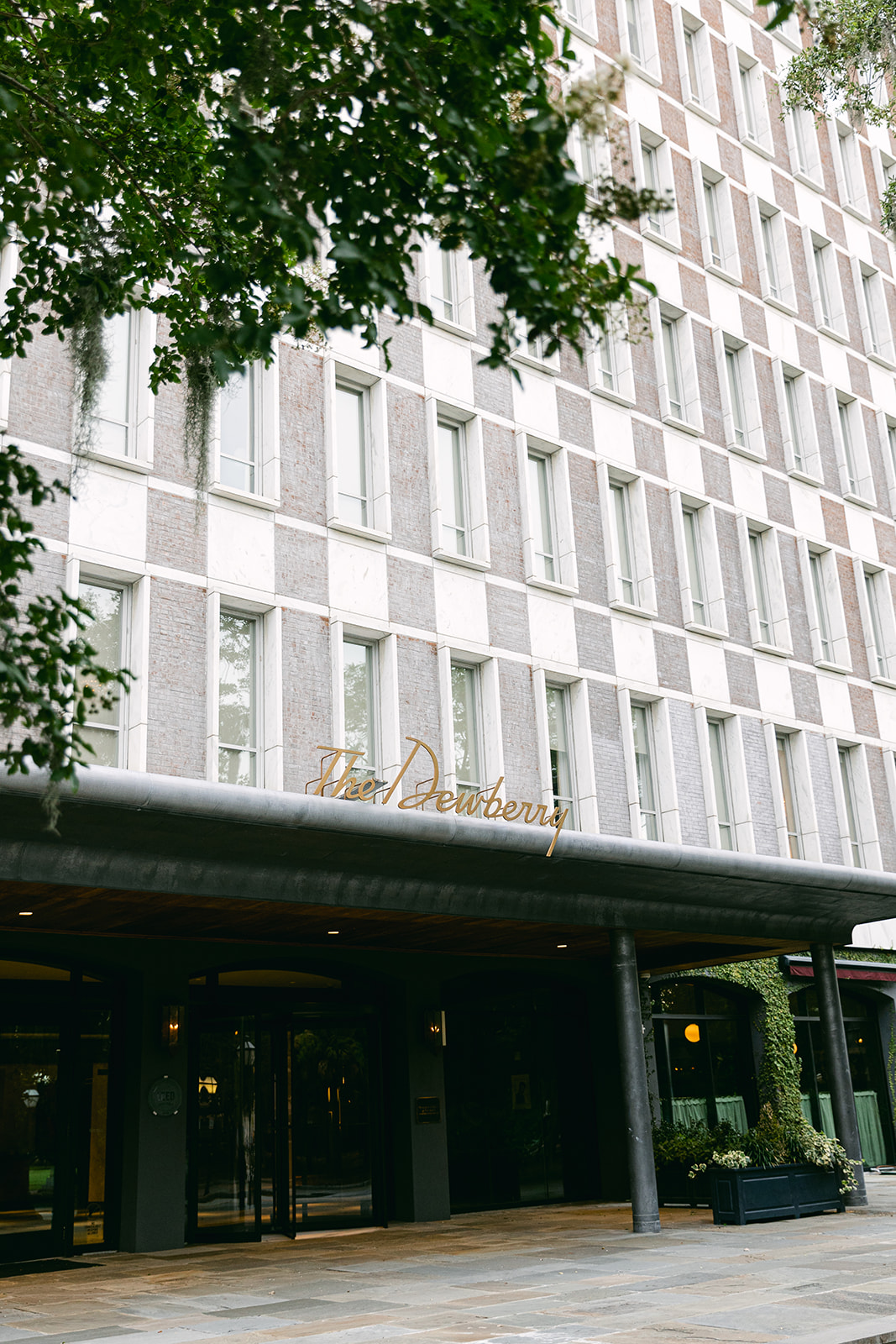 Modern entrance with ivy walls to luxury hotel. The Dewberry Hotel, Charleston South Carolina. Sarah Bradshaw Photography