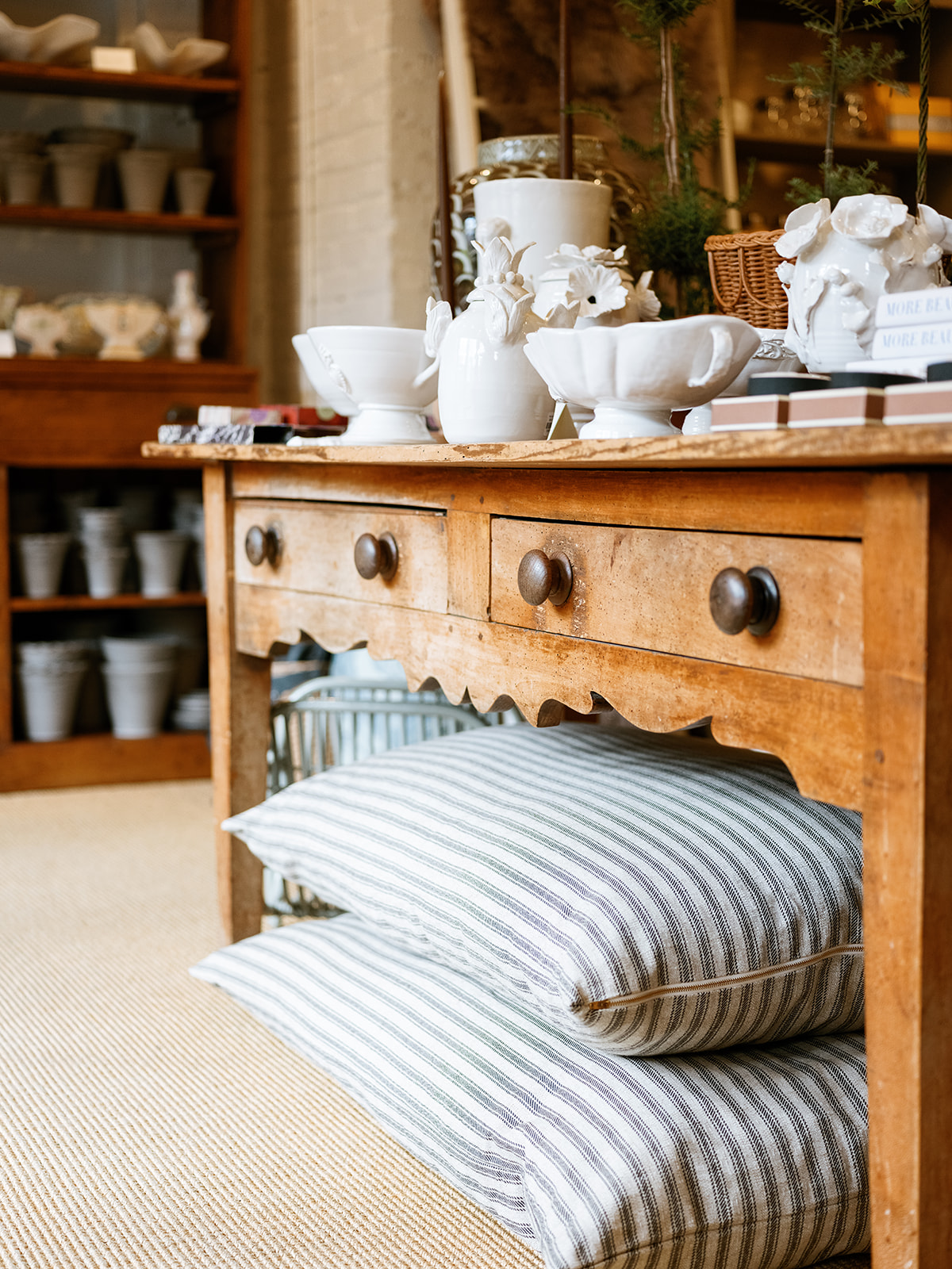 chic floor pillows, ceramic decor pieces. artisanal housewares store, georgetown dc, alexandria va. sarah bradshaw photography