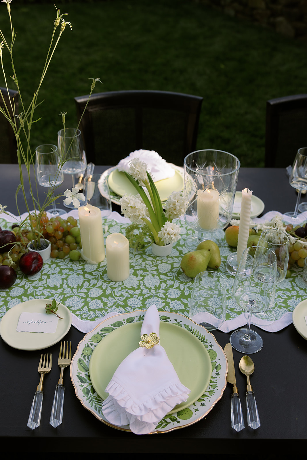 candles and fresh fruit wedding centerpieces. green decor. chic equestrian wedding inspiration at Red Fox Inn, Middleburg Virginia. Sarah Bradshaw