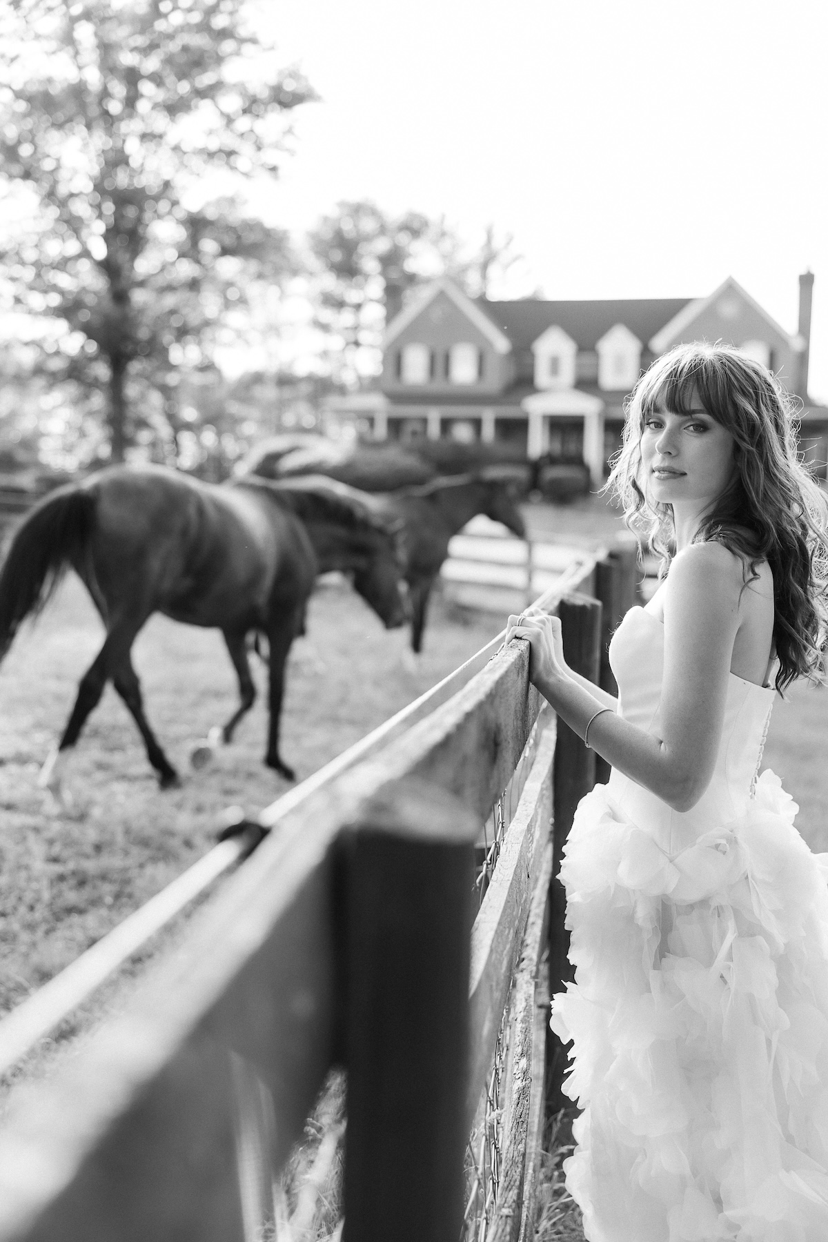 black and white portrait of bride at horse farm. chic equestrian wedding inspiration at Red Fox Inn, Middleburg Virginia. Sarah Bradshaw