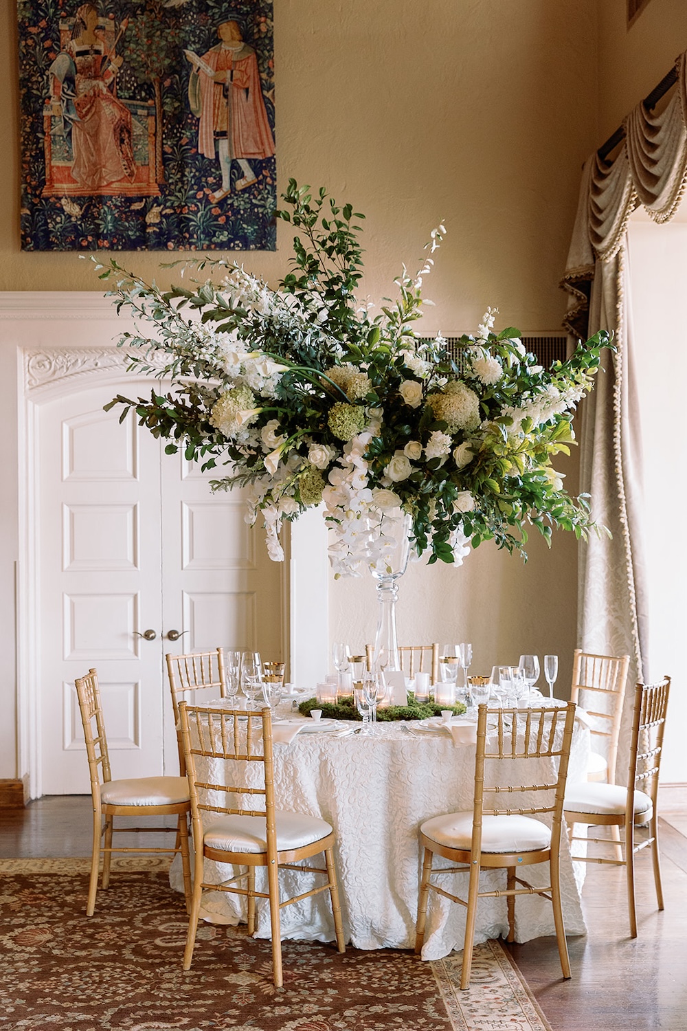 tall, lush, whimsical wedding centerpieces. white roses, greenery, white orchids, hydrangeas. Modern Luxe Washington DC wedding, Sarah Bradshaw Photography