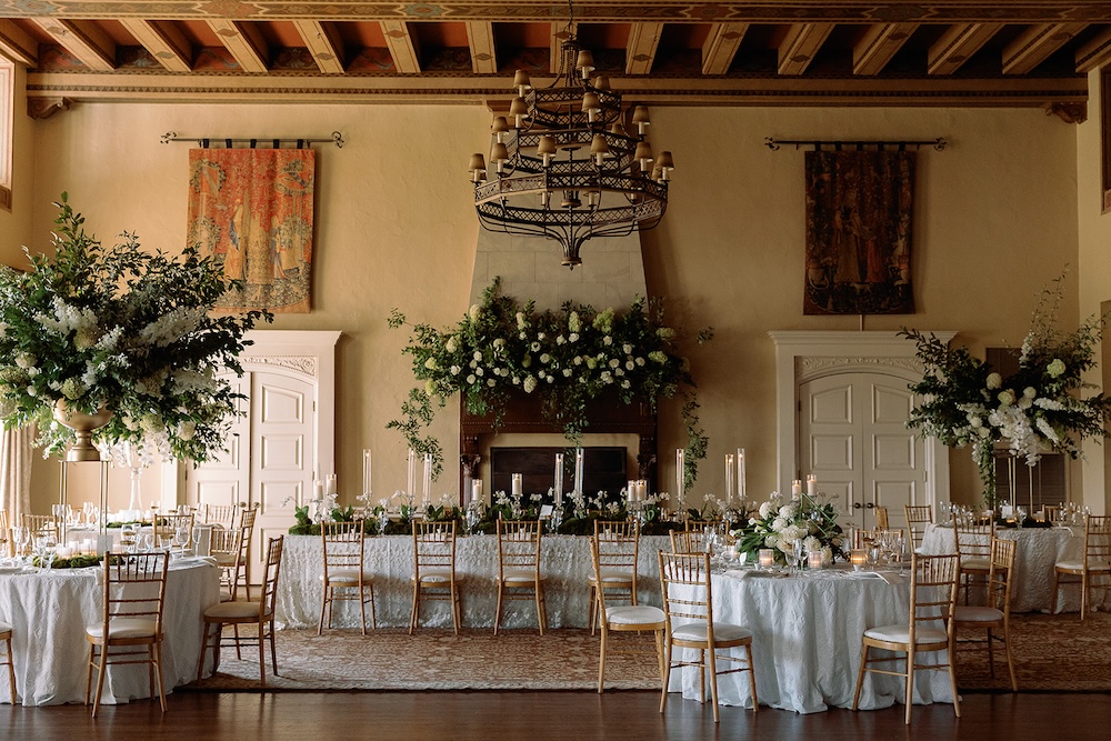 white gold and green wedding reception color palette. lush floral installation, centerpieces. Modern Luxe Washington DC wedding, Sarah Bradshaw Photography