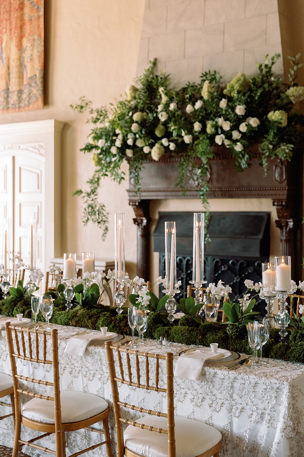 Floral appliques textured table linen, moss & candles table runner centerpiece, white orchids. Modern Luxe Washington DC wedding, Sarah Bradshaw Photography