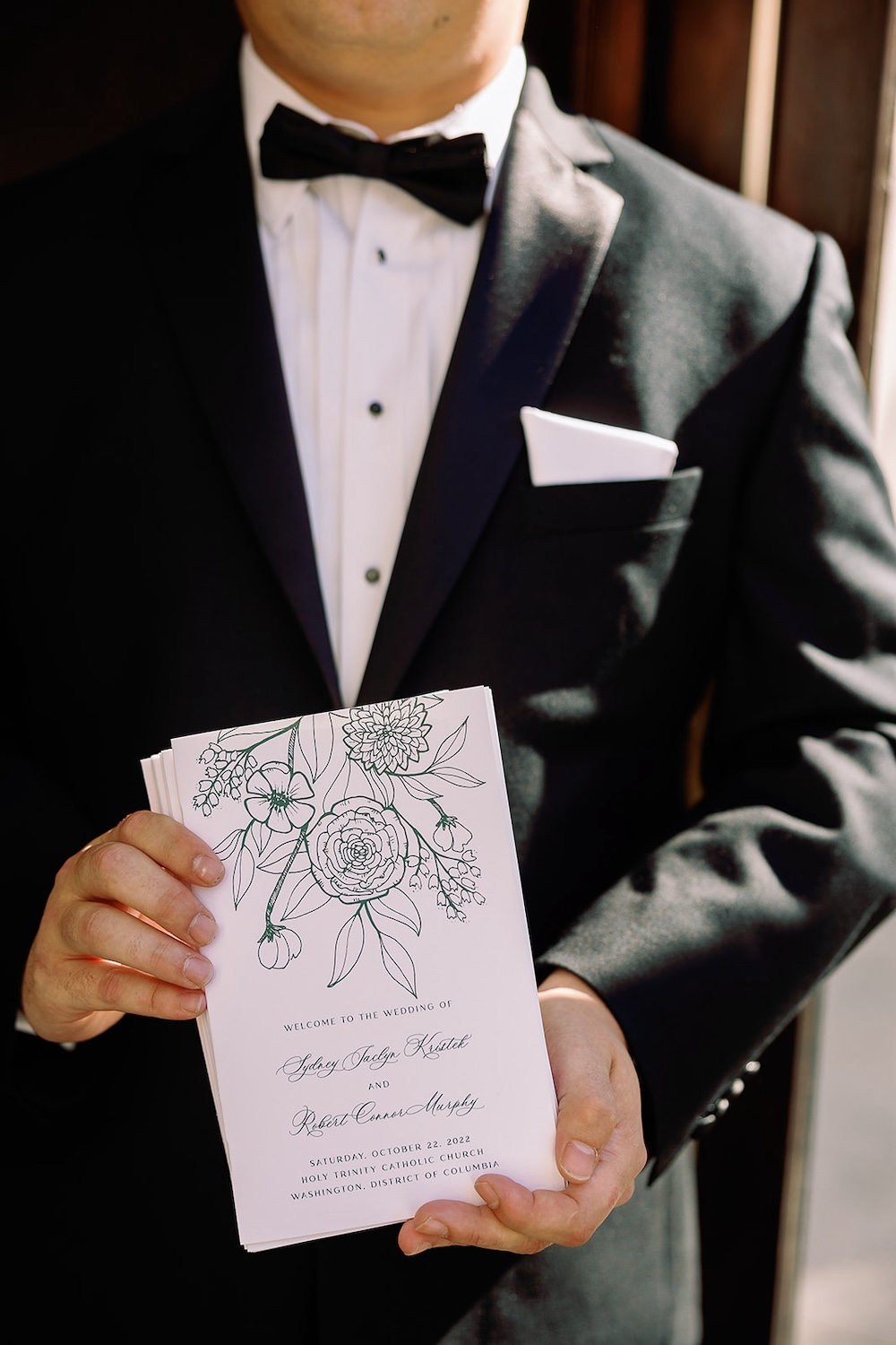 Floral embossed wedding ceremony program. High end hotel ballroom wedding, The Fairmont, Washington DC. Sarah Bradshaw Photography