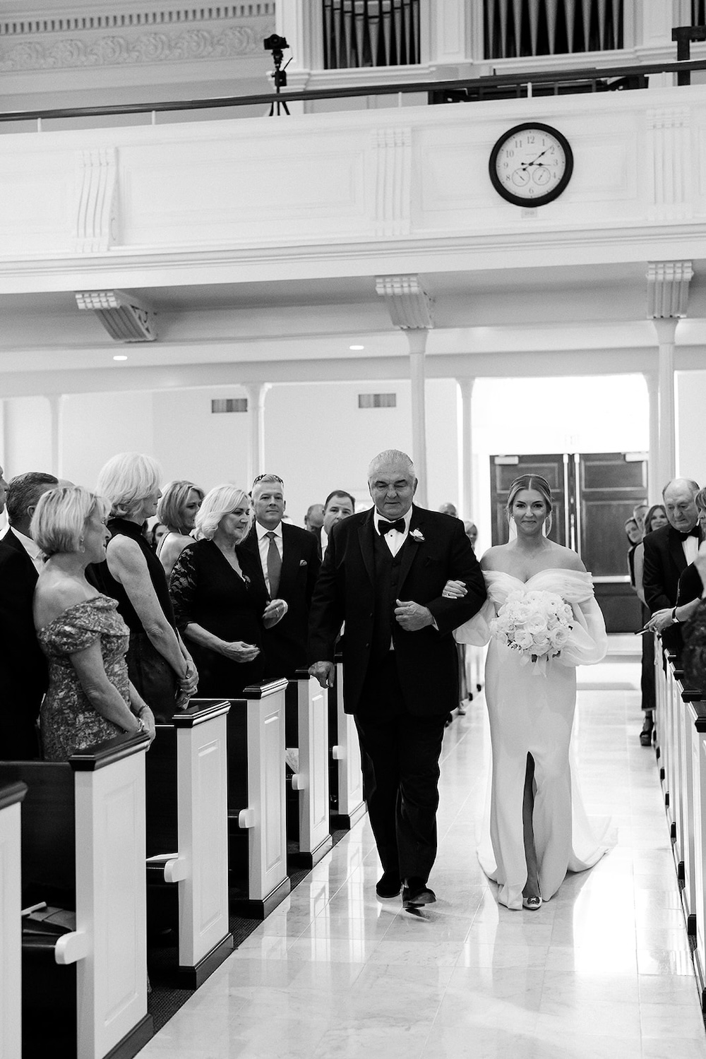 black and white portrait of bride and father walking down aisle in cathedral. High end hotel ballroom wedding, The Fairmont, Washington DC. Sarah Bradshaw Photography