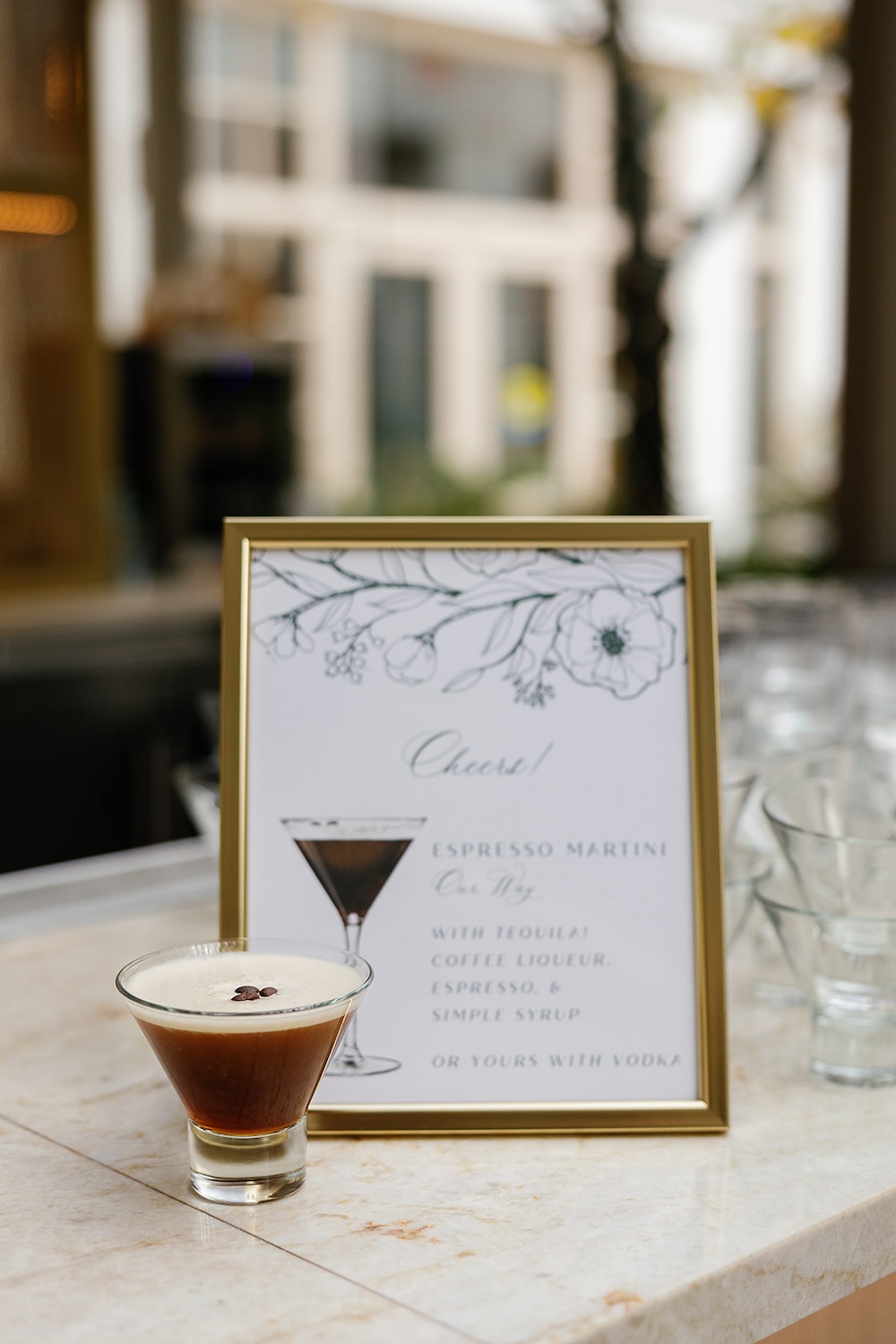 custom bar sign with espresso martini signature drink. High end hotel ballroom wedding, The Fairmont, Washington DC. Sarah Bradshaw Photography