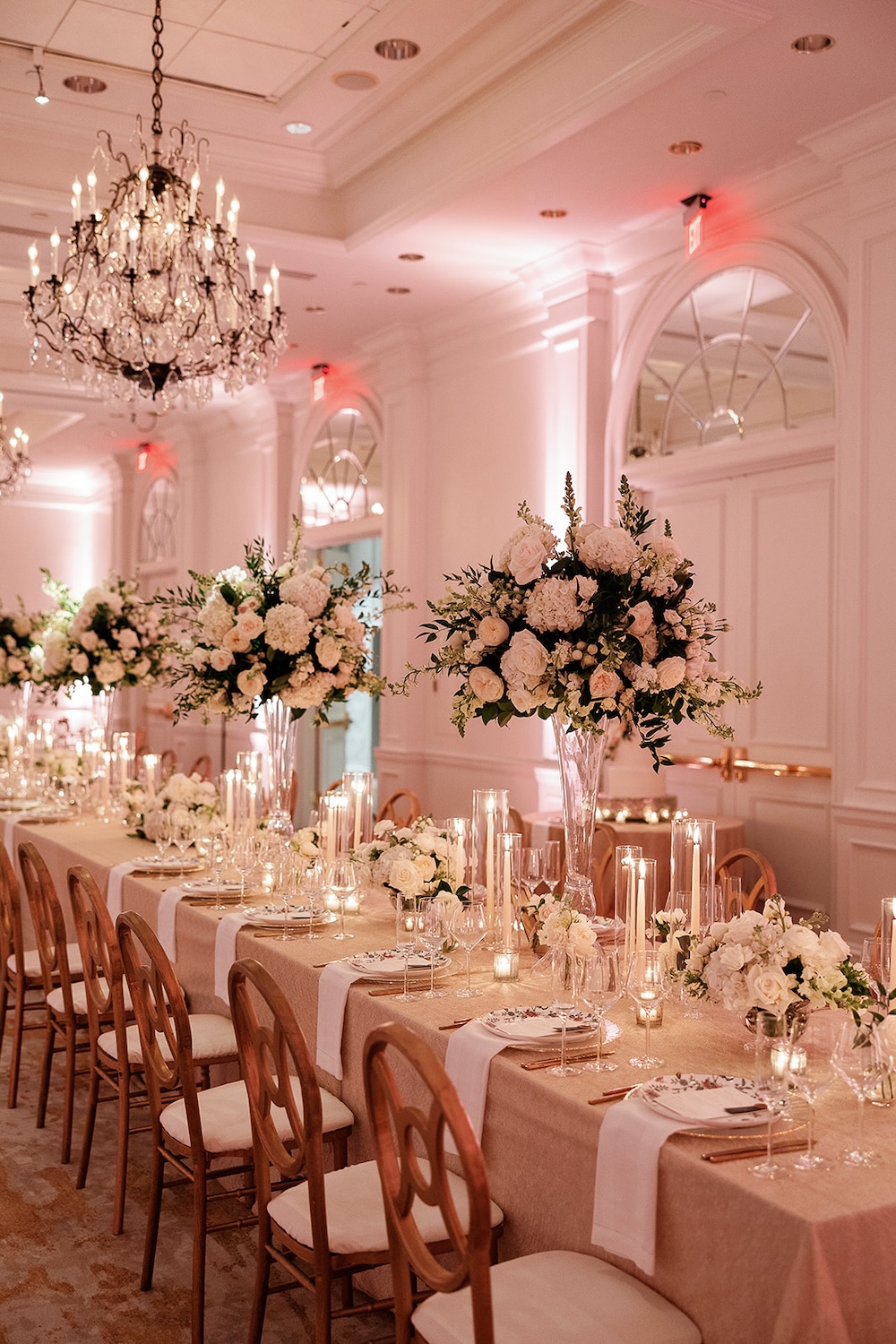 blush, white and gold wedding tablescape. candlelight, tall lush centerpieces. High end hotel ballroom wedding, The Fairmont, Washington DC. Sarah Bradshaw Photography