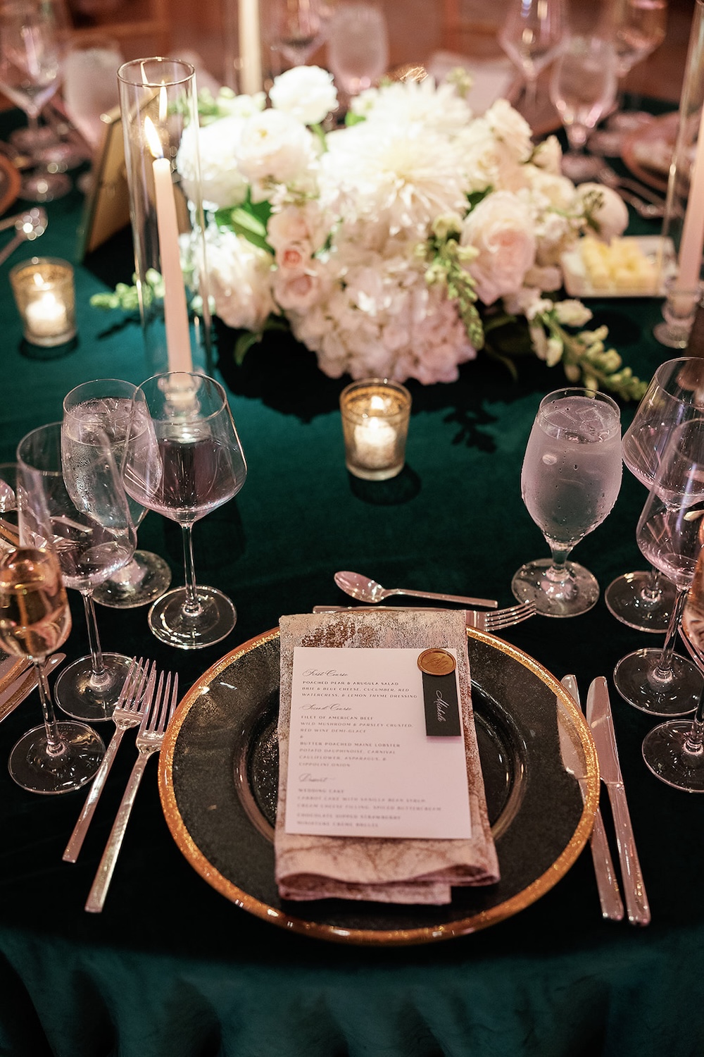 emerald green, white and gold tablescape. High end hotel ballroom wedding, The Fairmont, Washington DC. Sarah Bradshaw Photography