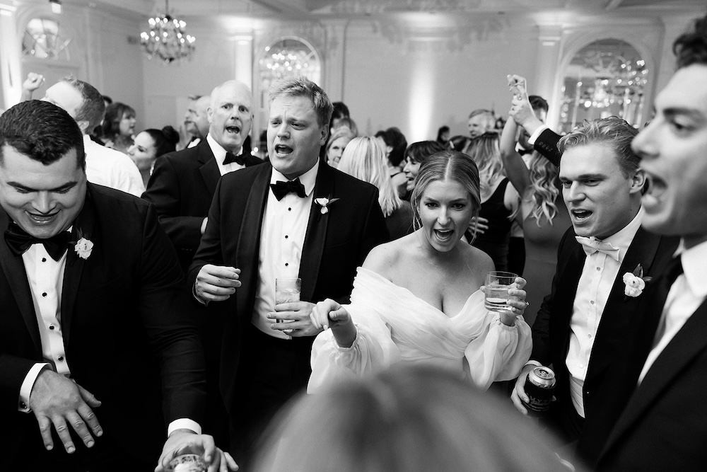 black and white dancing photo. High end hotel ballroom wedding, The Fairmont, Washington DC. Sarah Bradshaw Photography