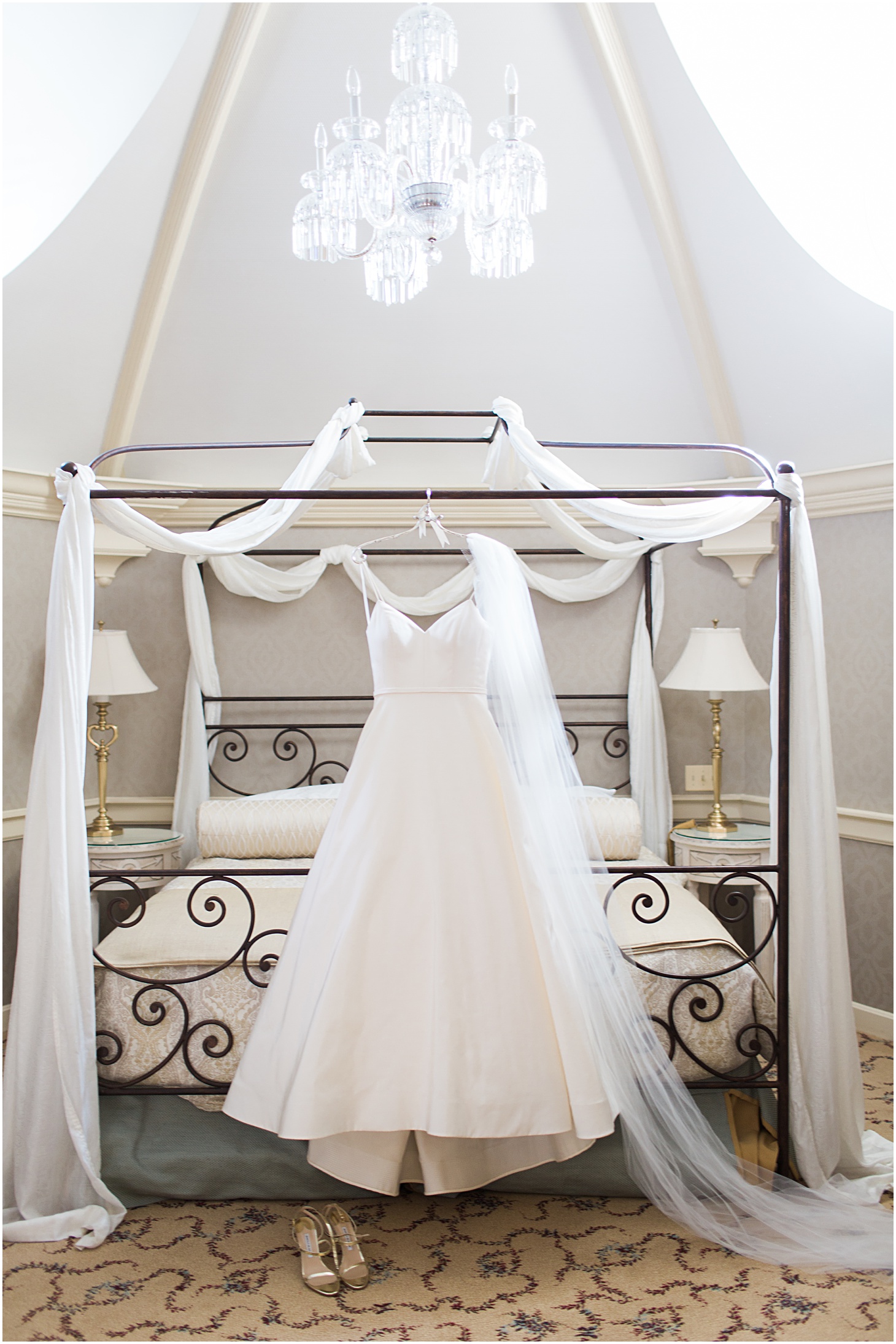 Amsale Wedding Dress hanging at The Willard Intercontinental in Washington DC - Sarah Bradshaw Photography
