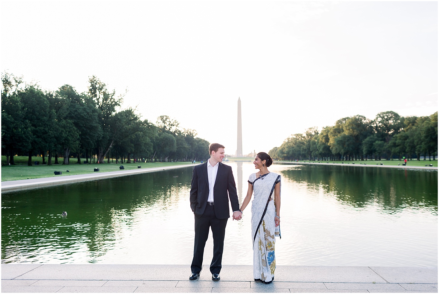 Engagement Portraits at the Reflecting Pool in Washington, DC | Sunrise Engagement Session at the Lincoln Memorial Reflecting Pool | Sarah Bradshaw Photography