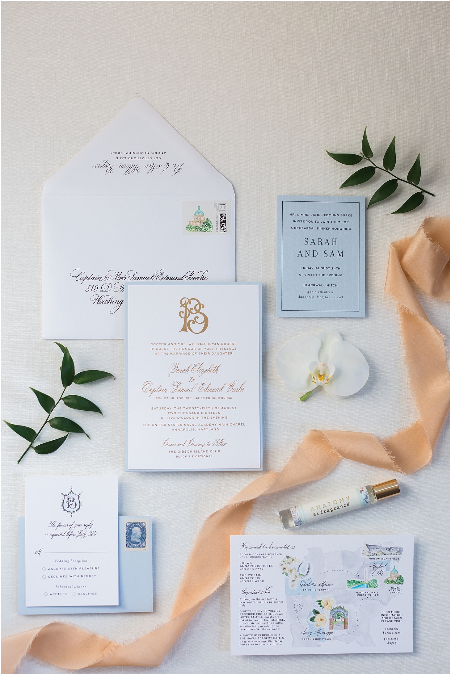 Gold and Dusty Blue Invitation Suite | Southern Magnolia Wedding at the Naval Academy and Gibson Island Club | Sarah Bradshaw Photography