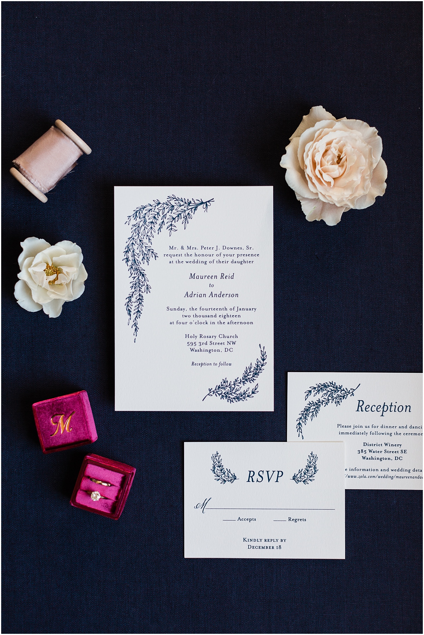 White and Navy Wedding Invitation Suite | Ceremony at the Holy Rosary Church | Burgundy and Blush DC Wedding at District Winery | Sarah Bradshaw Photography
