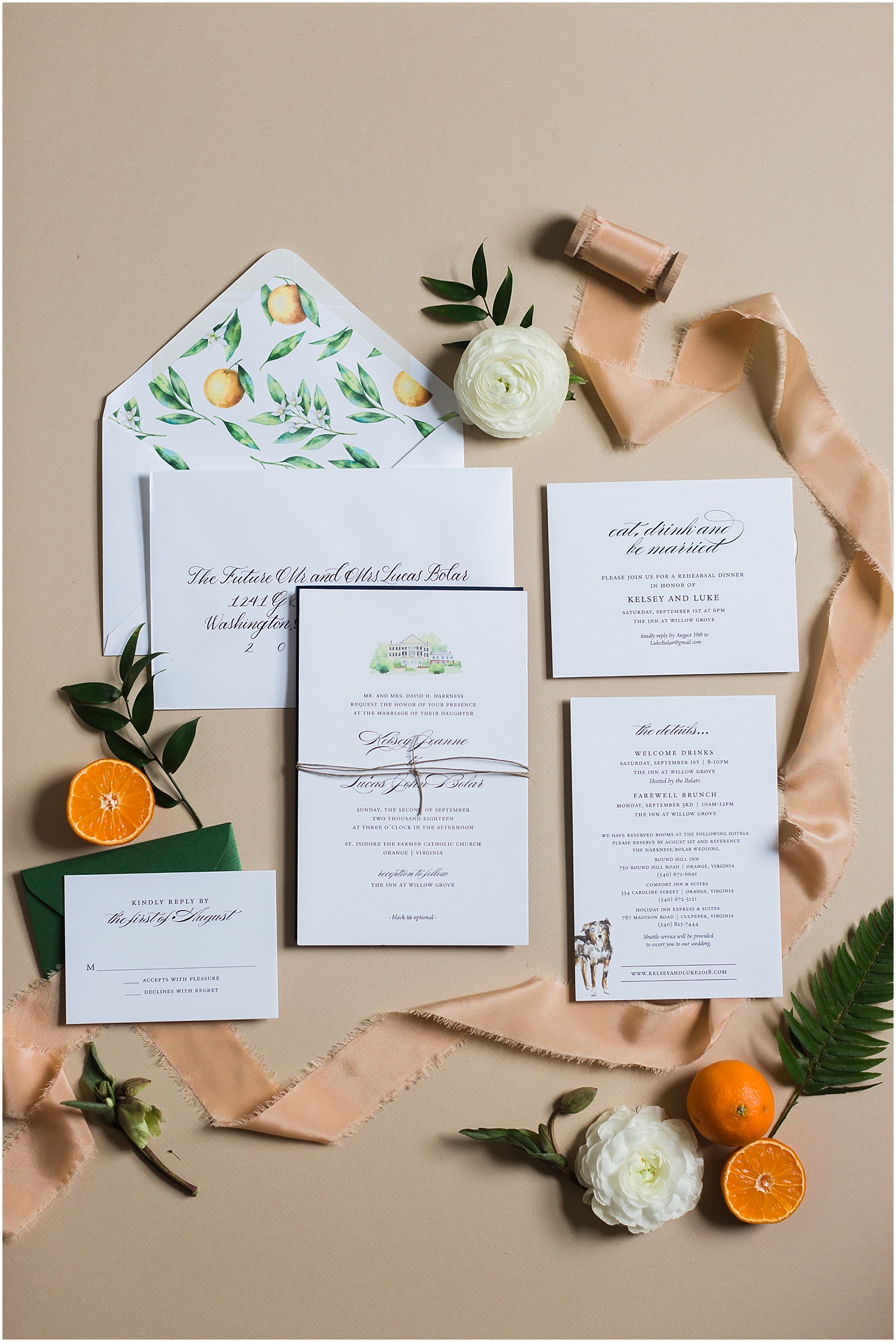 Just Ink on Paper Invitation Suite, Jenny Paxton Calligraphy, Rhian Awni Illustrations, Green and White Summer Wedding at The Inn at Willow Grove, Ceremony at St. Isidore the Farmer Catholic Church, Sarah Bradshaw Photography, DC Wedding Photographer