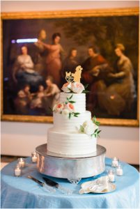 Corcoran Caterers Wedding Cake, Jewish Wedding Reception at NMWA, Dusty Blue and Pink Jewish Wedding at Women in the Arts, Sarah Bradshaw Photography, DC Wedding Photographer