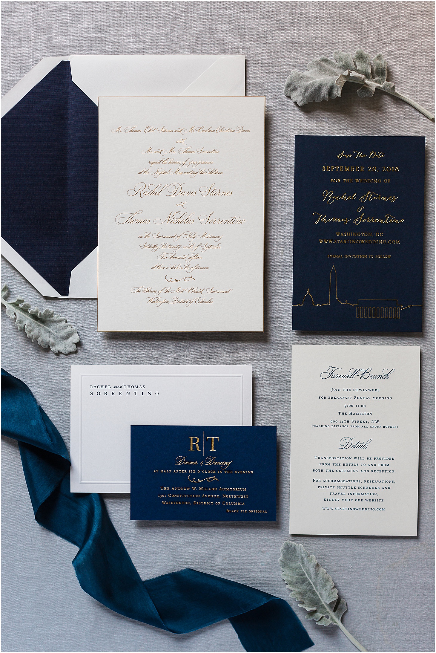 Navy and Gold Invitation Suite, Romantic Candlelight Italian Wedding at Andrew Mellon Auditorium, Wedding Invitation Suite by Vera Wang by Crane & Co., Ceremony at the Shrine of the Most Blessed Sacrament, Sarah Bradshaw Photography